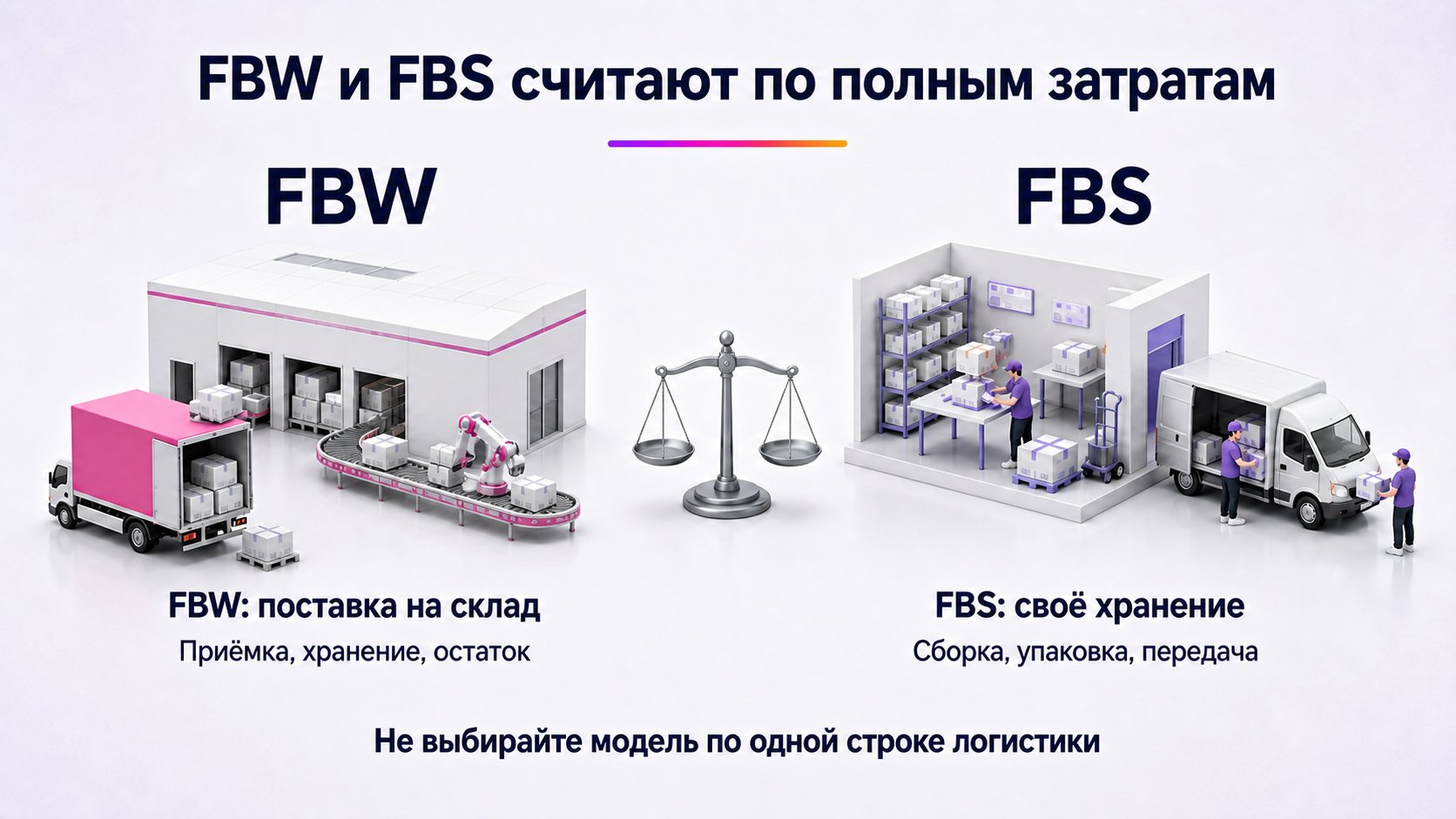 Чем расходы на логистику отличаются при FBW и FBS — FBW добавляет поставку, приёмку и хранение на складе WB; FBS — собственное хранение, сборку, упаковку и передачу заказа.