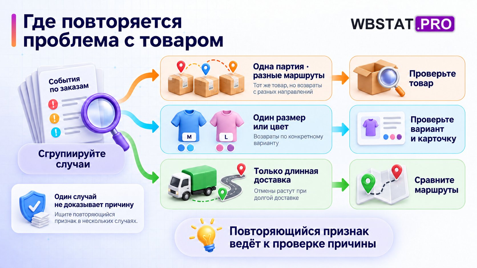 Повторение проблемы по партии, варианту или маршруту направляет проверку товара, карточки либо доставки.