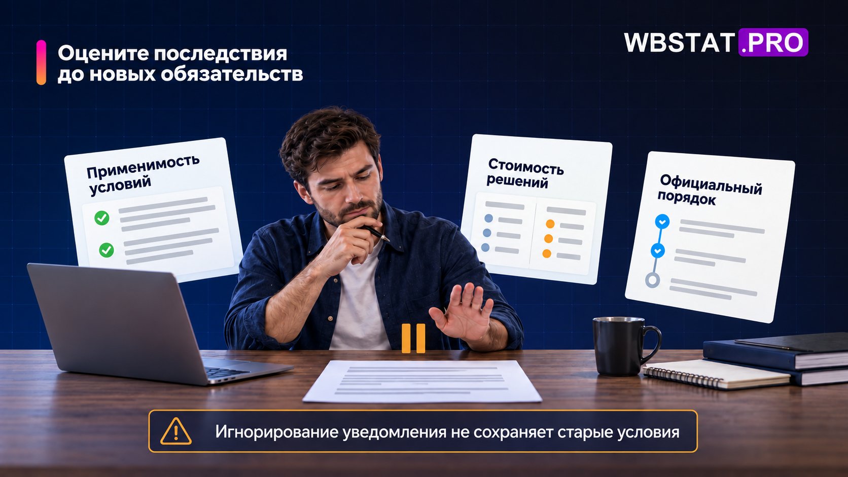 Продавец приостанавливает новые обязательства и сопоставляет условия, стоимость решений и официальный порядок.