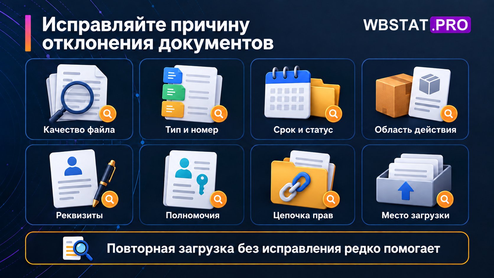 Восемь групп причин помогают найти несоответствие и собрать исправленный пакет.