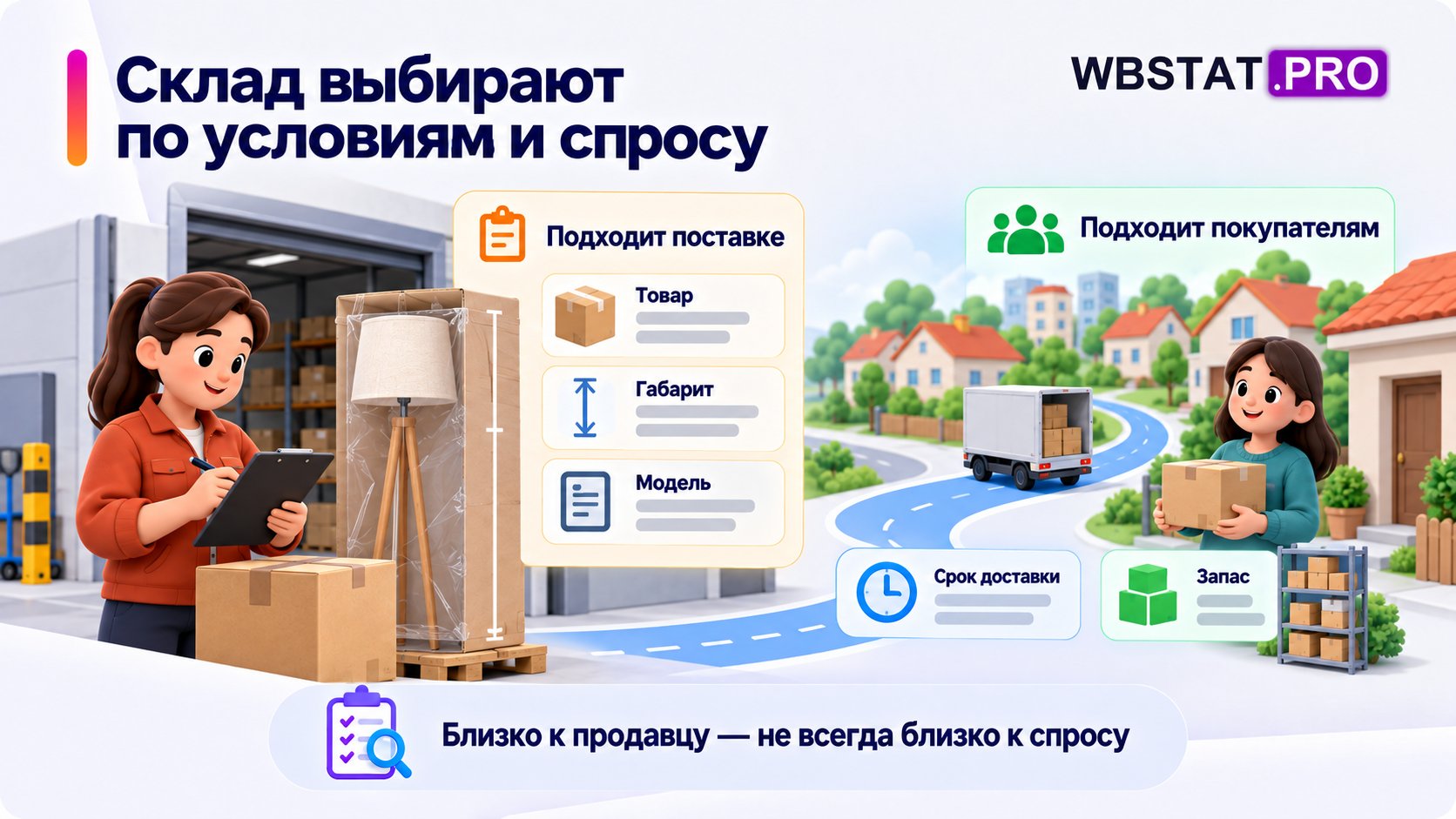 Подходящий склад должен соответствовать поставке и географии спроса.; Ограничения товара и транспорта проверяются отдельно от доступности покупателям.
