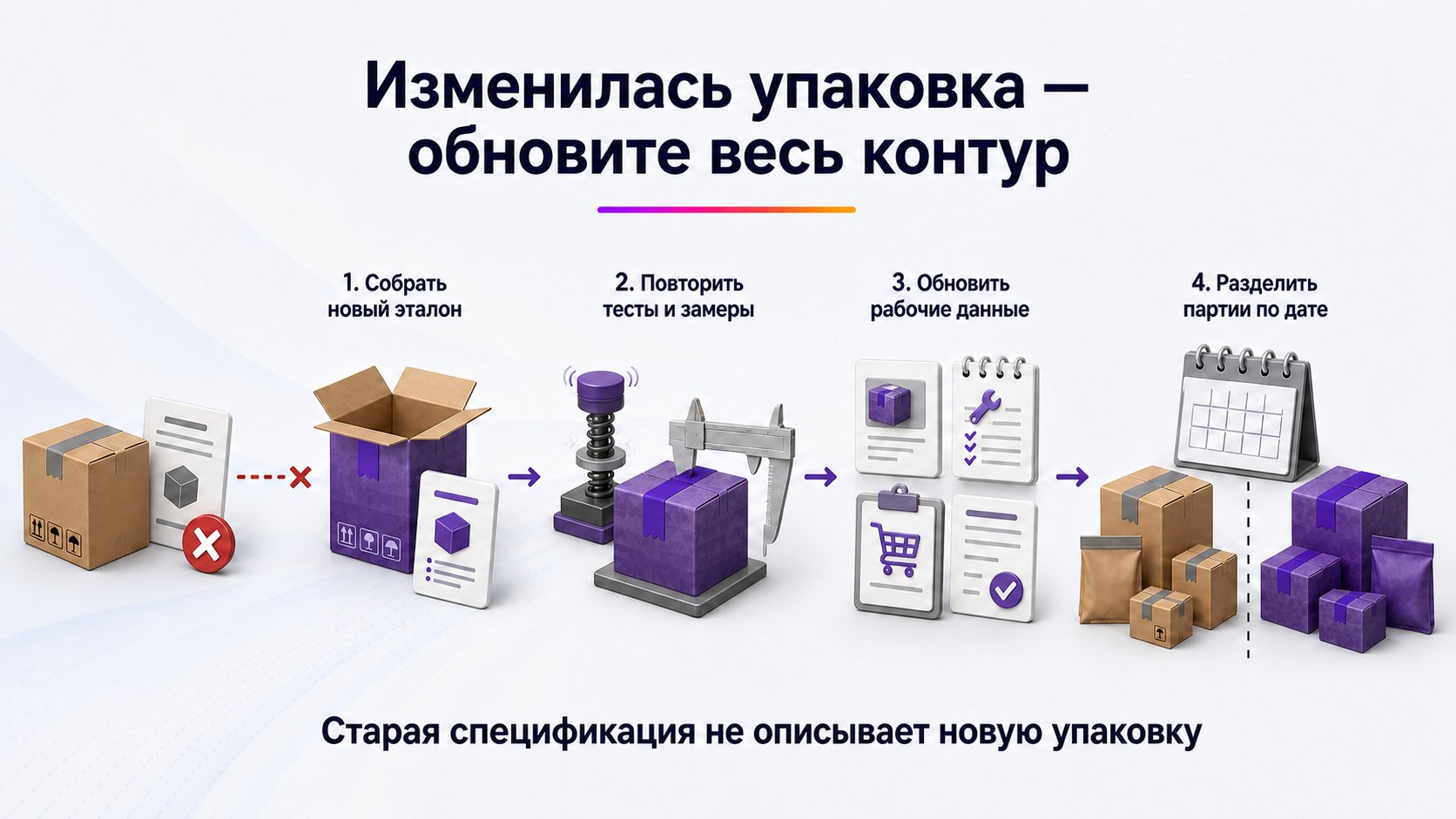 Что делать, если упаковка или её размеры изменились — Создайте новый эталон, заново протестируйте и измерьте упаковку, обновите все рабочие данные и разделите старые и новые партии по дате перехода.