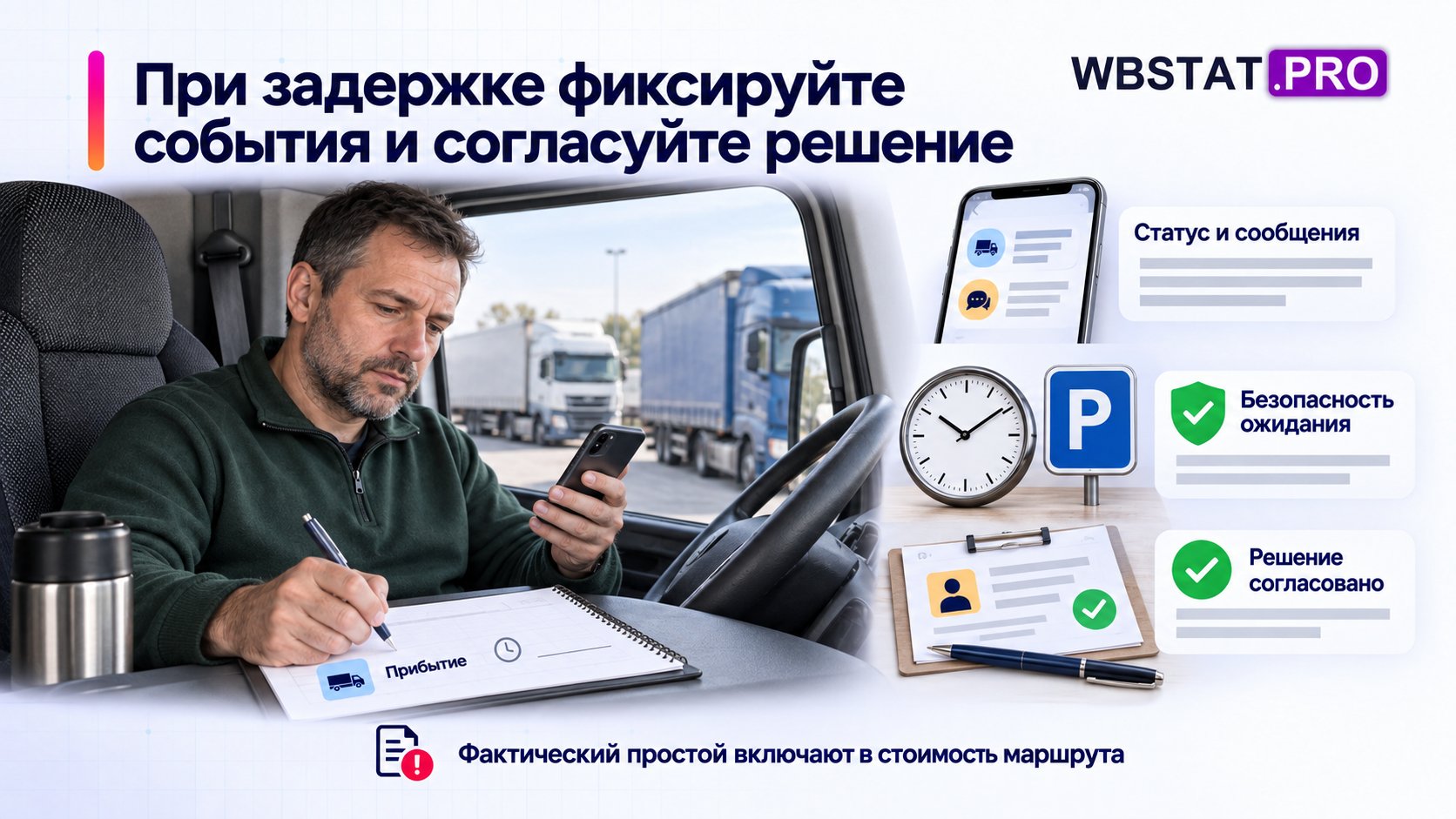 При задержке фиксируют факт и принимают согласованное безопасное решение.; Ожидание зависит от статуса поставки и возможностей водителя; простой входит в экономику.