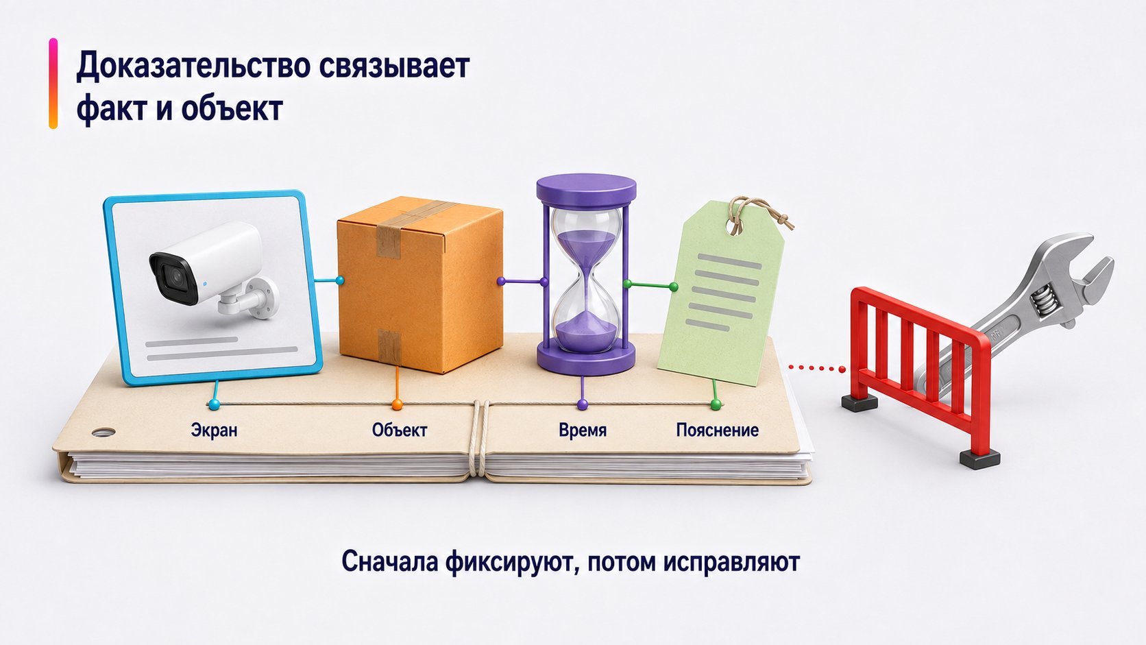 Какие доказательства приложить к технической проблеме — Доказательство связывает факт и объект; Экран — Объект — Время — Пояснение