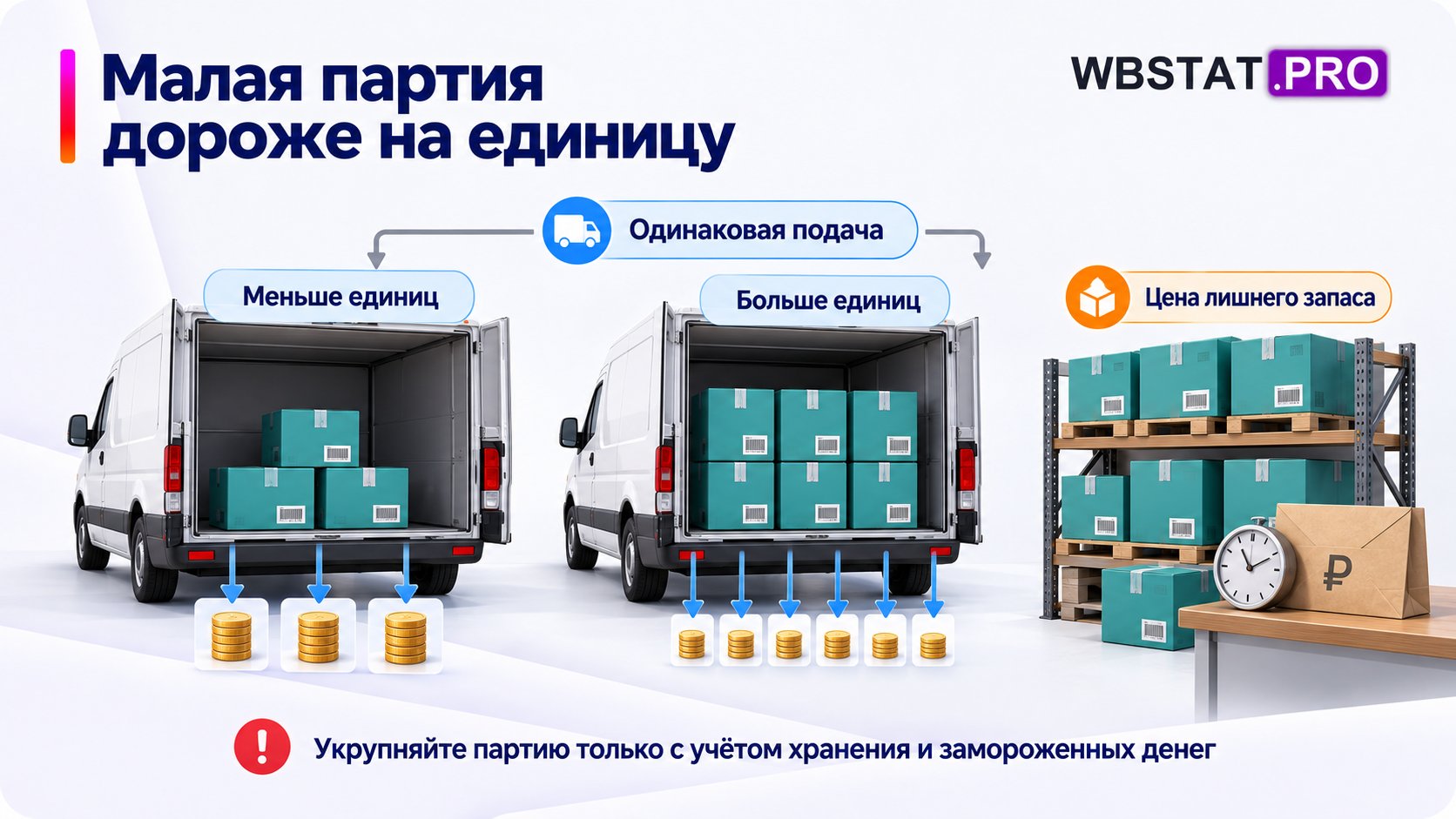 Фиксированная подача на малое число единиц повышает удельный расход.; Экономию рейса сопоставляют со стоимостью лишнего запаса, не укрупняют автоматически.