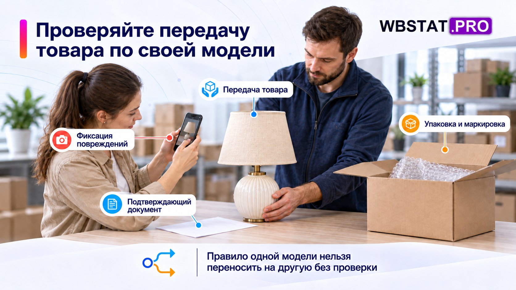 Два сотрудника осматривают товар и фиксируют условия его передачи.