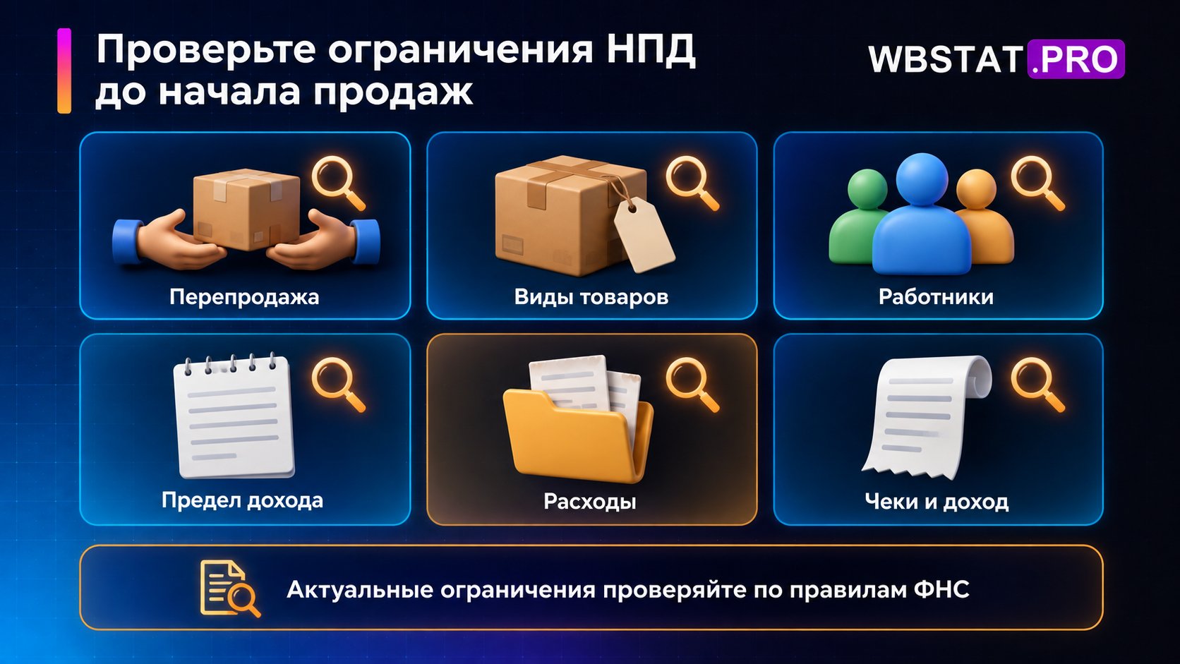 Шесть областей проверки ограничений НПД: перепродажа, виды товаров, работники, предел дохода, расходы, чеки и доход.
