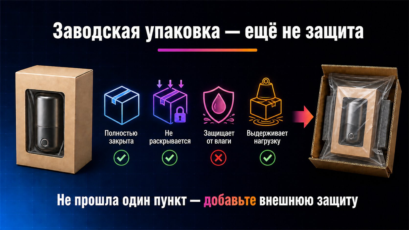 Когда заводской упаковки недостаточно для Wildberries — Если заводская упаковка не проходит хотя бы одну из четырёх проверок, ей нужна внешняя защита.