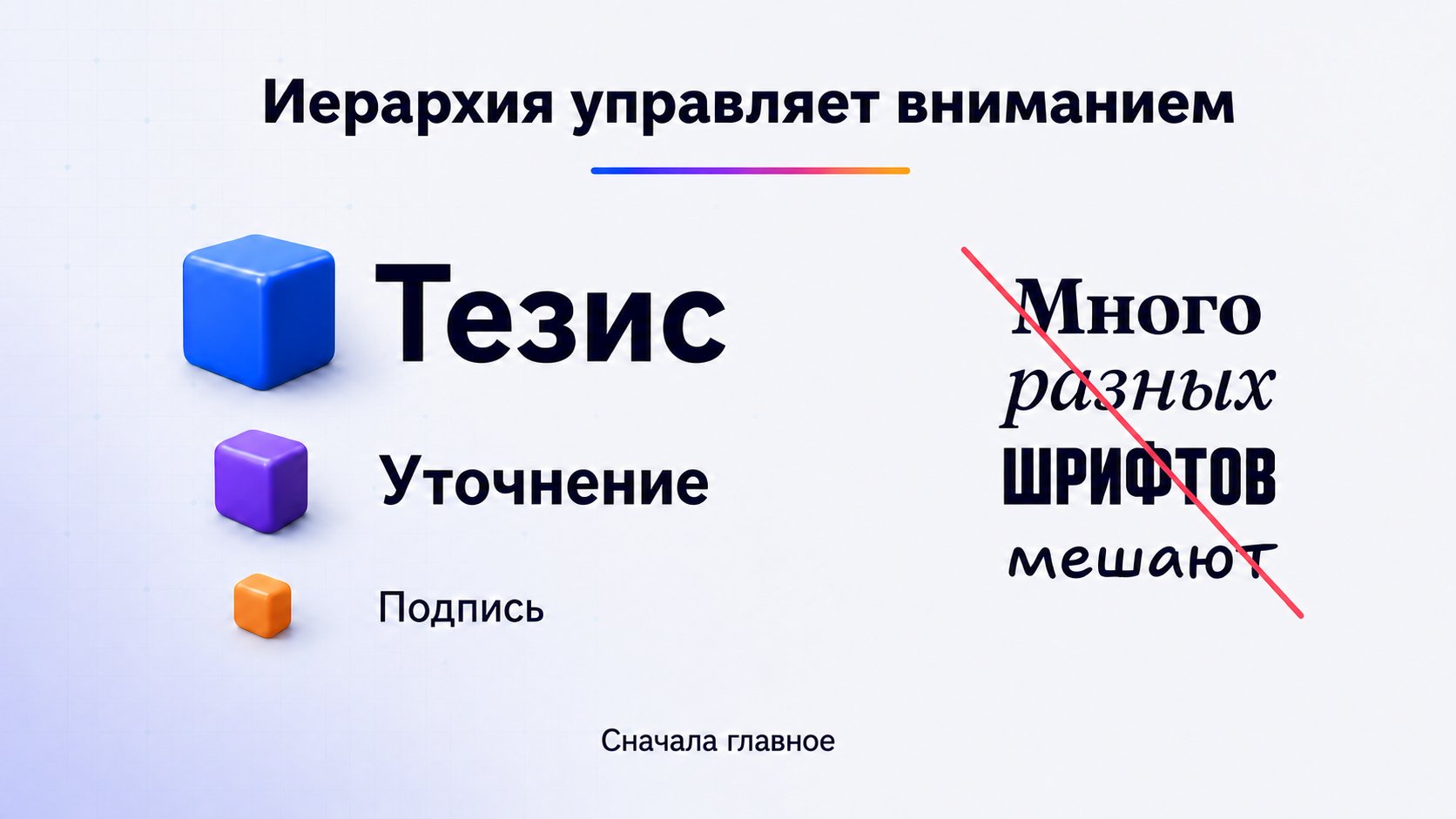 Как выбрать шрифты, цвета и визуальную иерархию — Используйте один хорошо читаемый шрифт или совместимую пару. Размеры текста должны показывать порядок: главный тезис, уточнение, второстепенная подпись. Слишком много начертаний разрушает иерархию.