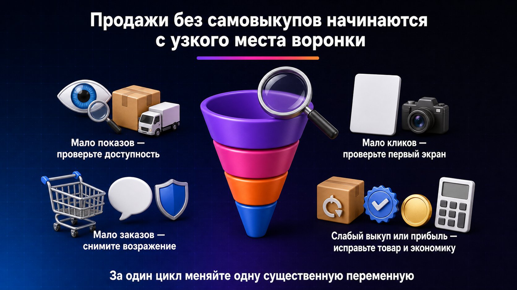 Как продавать на Wildberries без самовыкупов — Определите проблемный этап — показы, клики, заказы, выкуп или прибыль — и меняйте одну переменную за цикл.