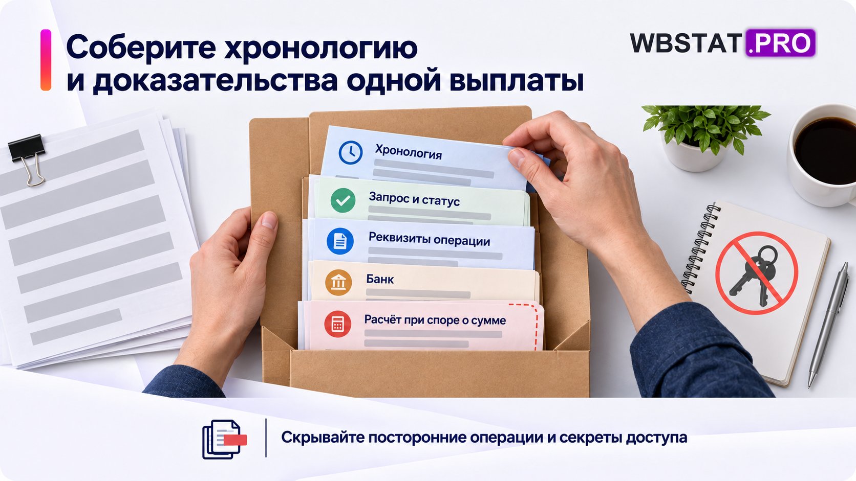 Руки собирают документы одной выплаты с маскировкой лишнего.