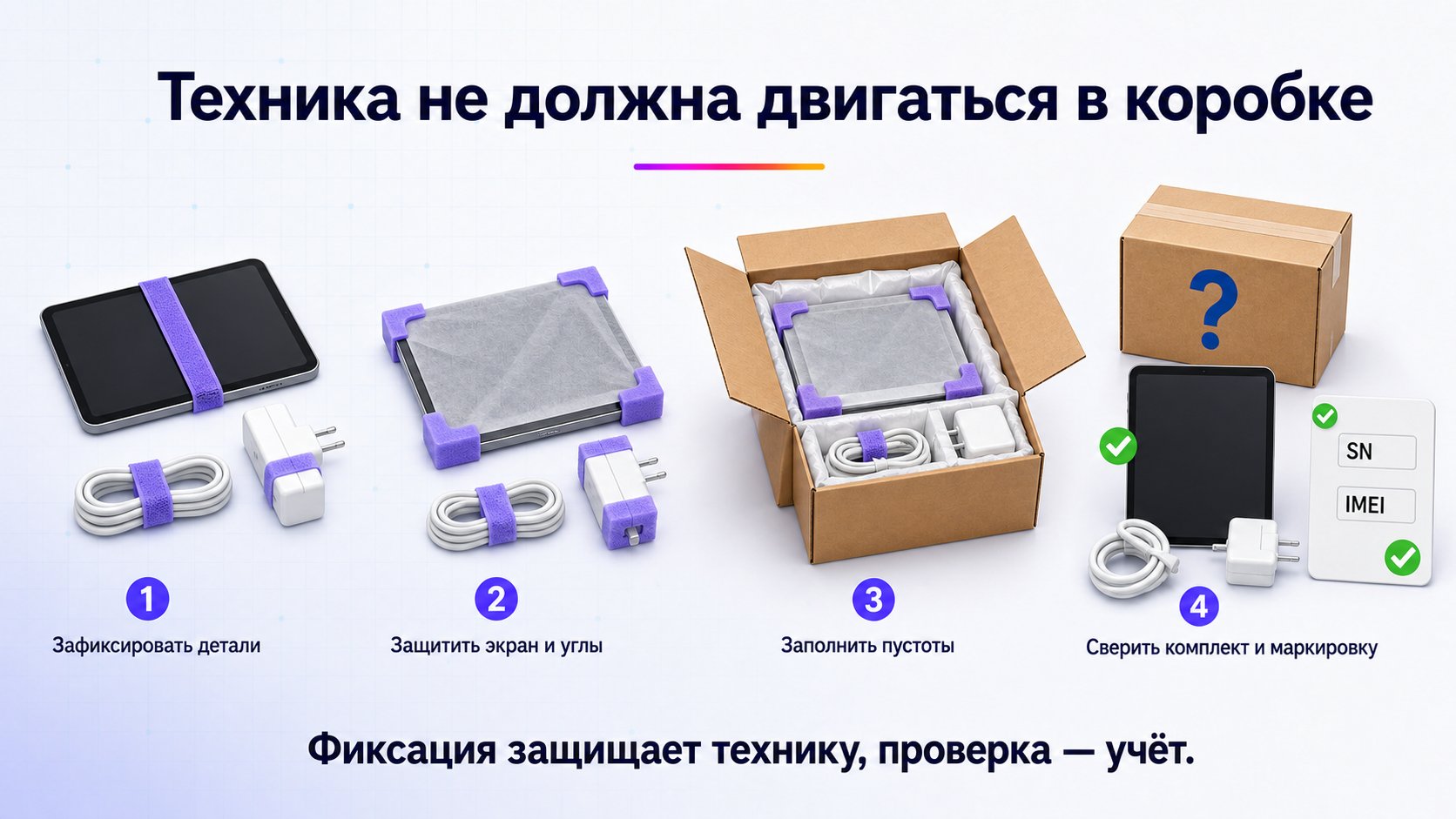 Как упаковать электронику и бытовую технику — Зафиксируйте детали и кабели, защитите экран и углы, заполните пустоты и сохраните читаемость серийной маркировки.