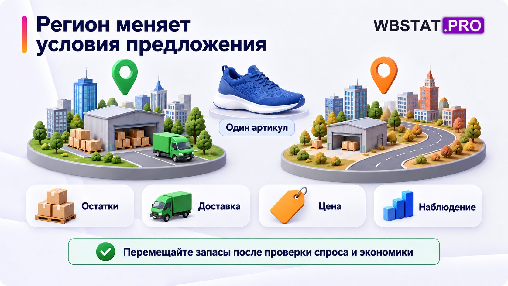 Один товар в двух условных регионах с разными запасами и доставкой; проверка остатков, доставки, цены и наблюдений.
