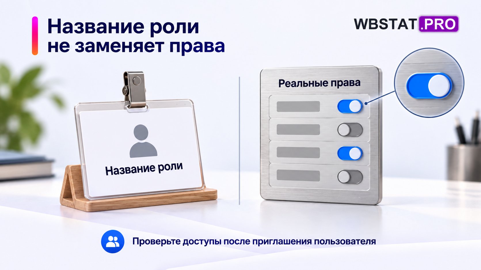 Роль показана как подпись, права — как отдельные настройки.