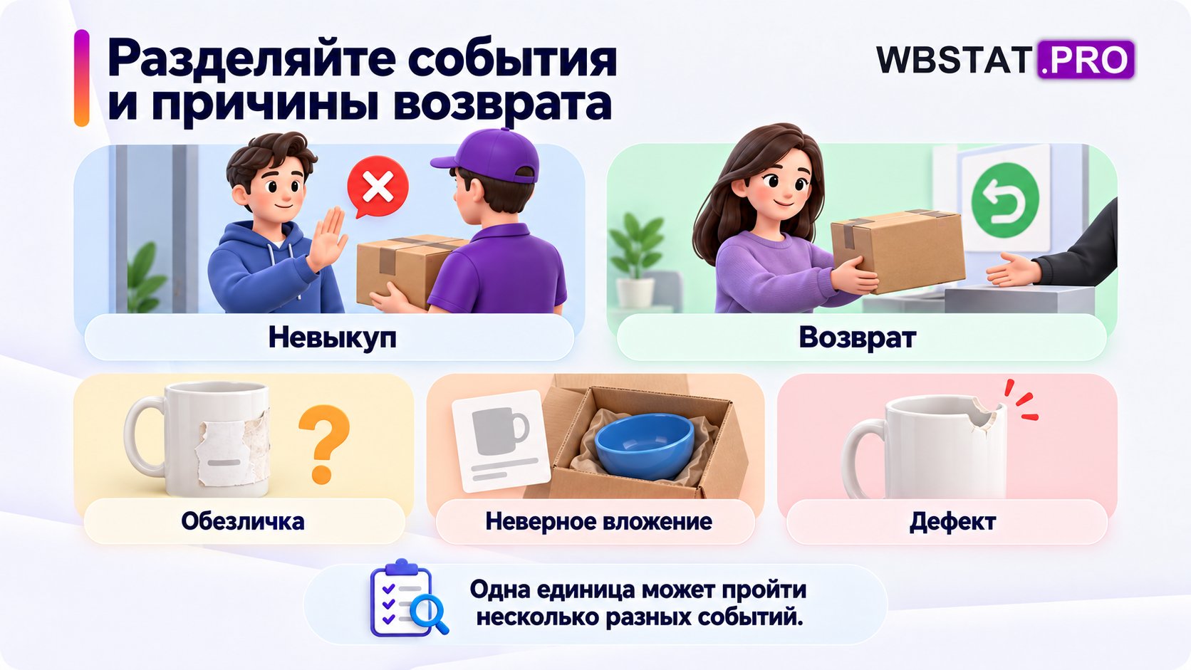 Разделяйте события и причины возврата. Одна единица может пройти несколько разных событий.