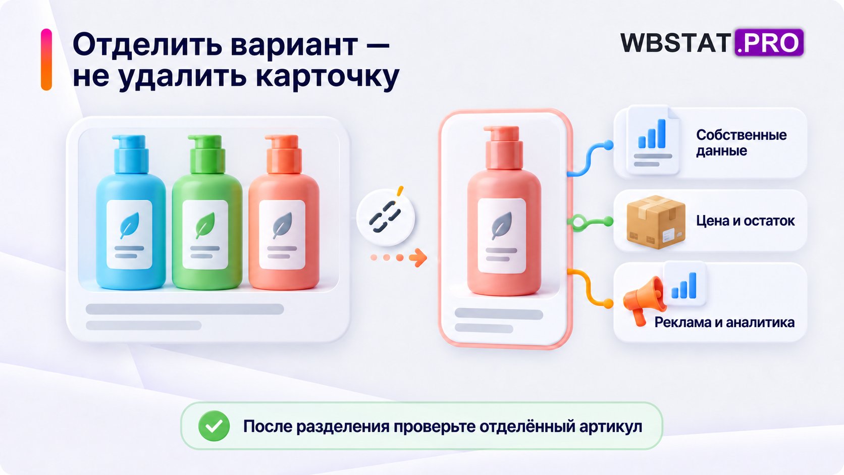 Один вариант отделяется в самостоятельную карточку с сохранением данных, остатков и аналитических связей.