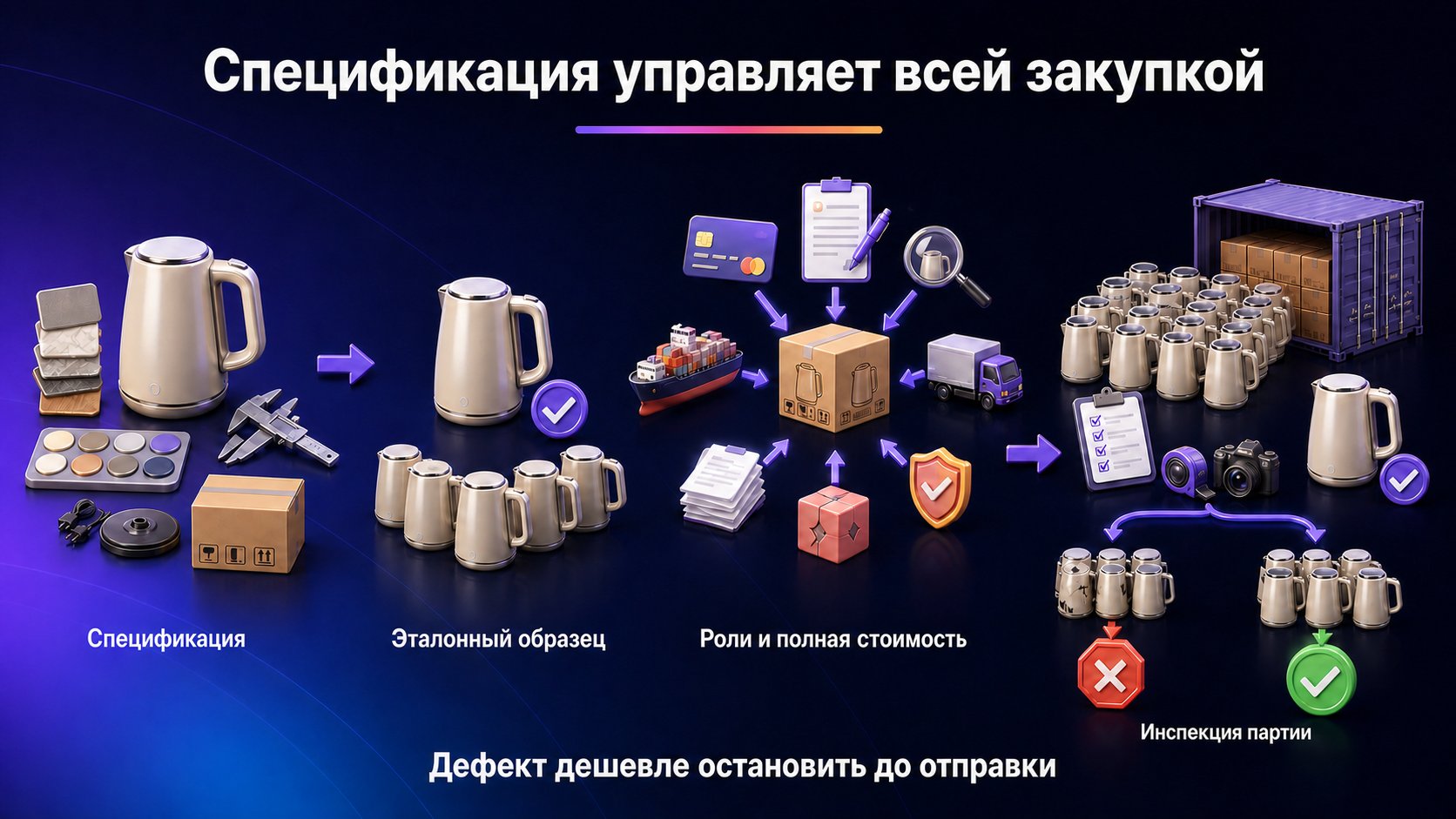 Как организовать закупку товара в Китае — Зафиксируйте параметры и эталон, распределите роли, посчитайте полную стоимость и проверьте серийную партию до отправки.
