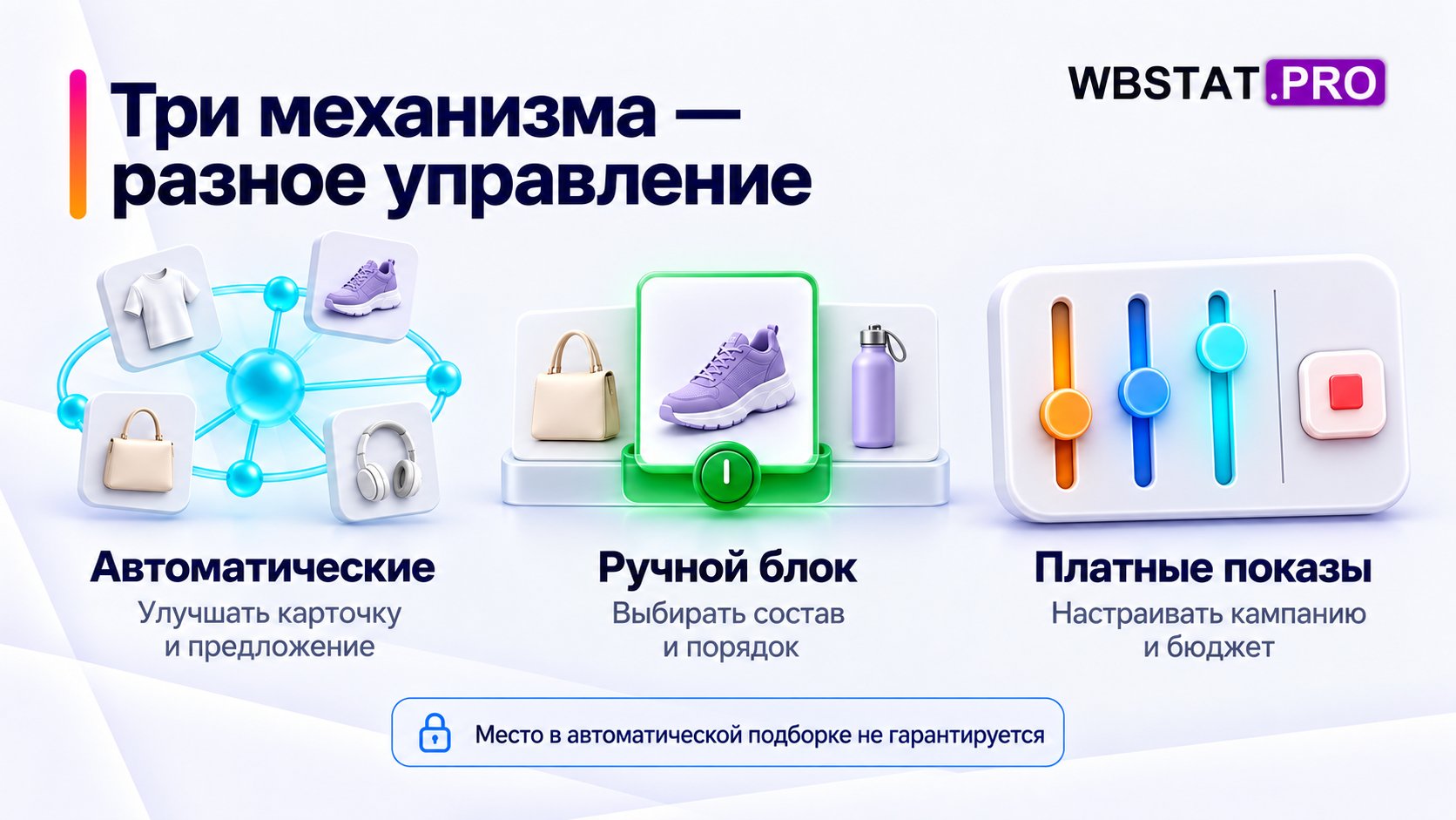 Автоматические рекомендации, ручной блок и платные показы сопоставлены с разными возможностями управления продавца.
