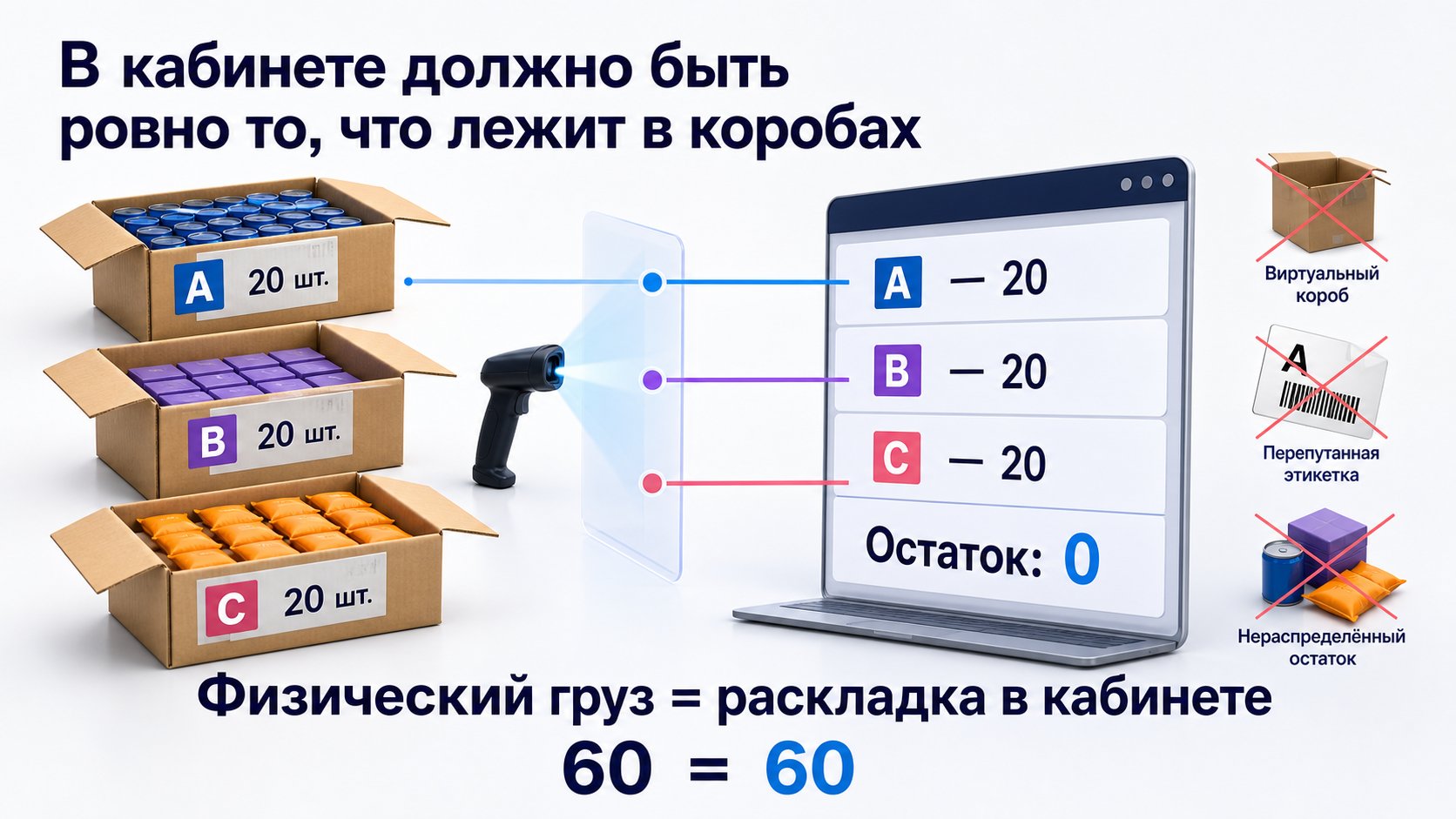 Как распределить товары по коробам или паллетам — Раскладка в кабинете должна точно повторять содержимое каждого физического короба или паллеты.