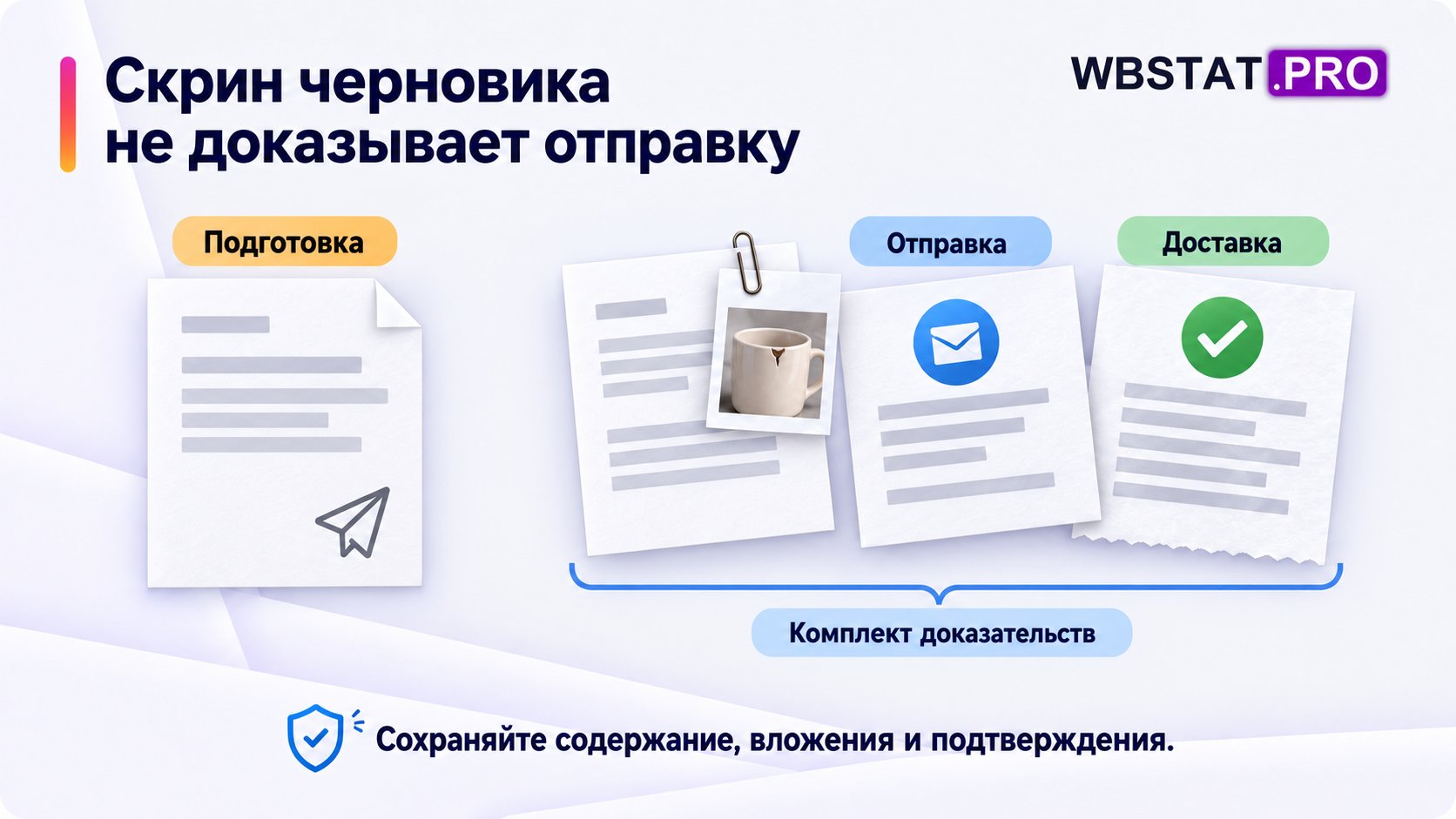 Скрин черновика не доказывает отправку. Сохраняйте содержание, вложения и подтверждения.