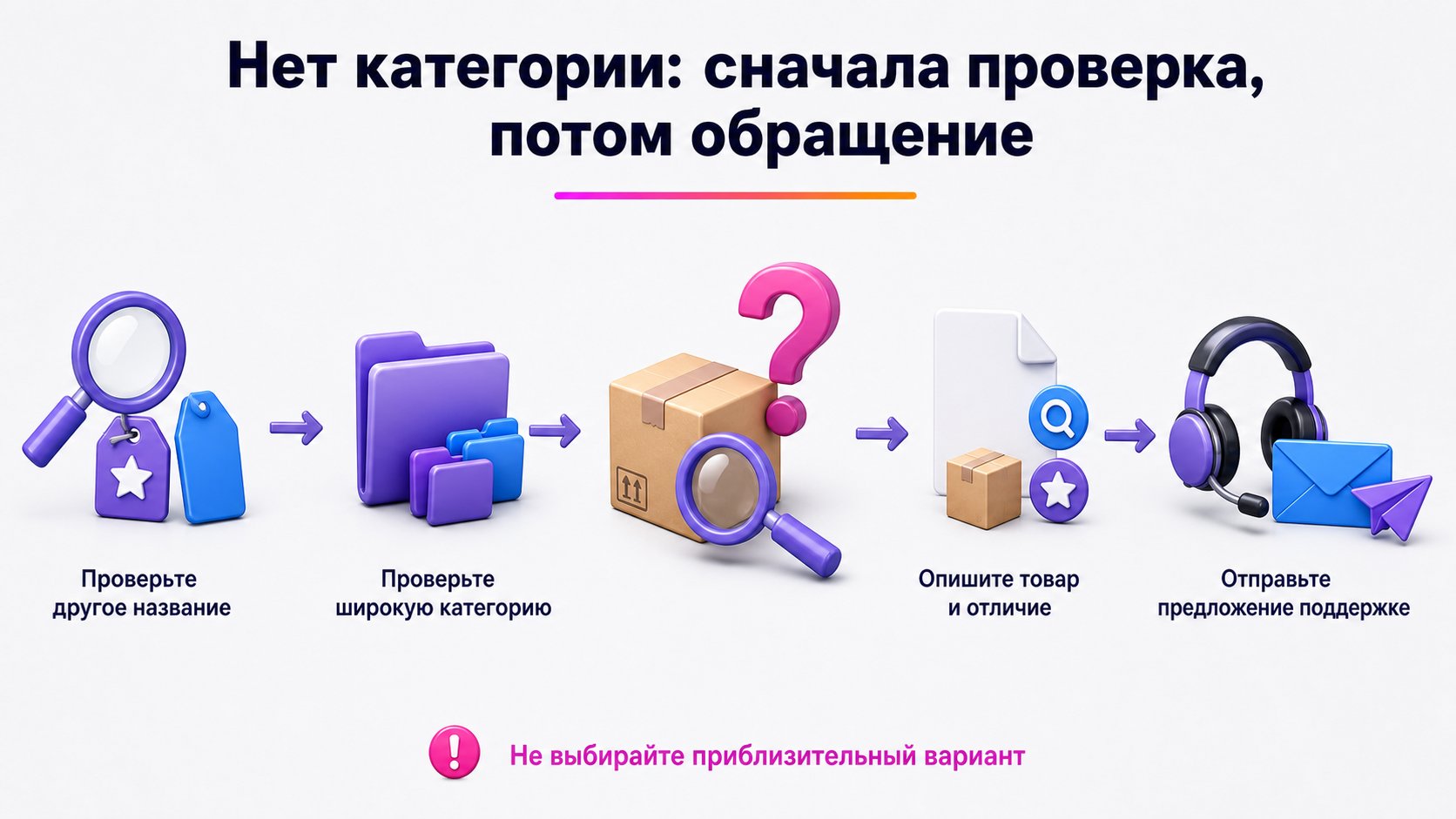 Что делать, если подходящей категории нет на Wildberries — Проверьте другое название и более широкую категорию. Если точного значения нет, отправьте поддержке описание товара и его отличий.