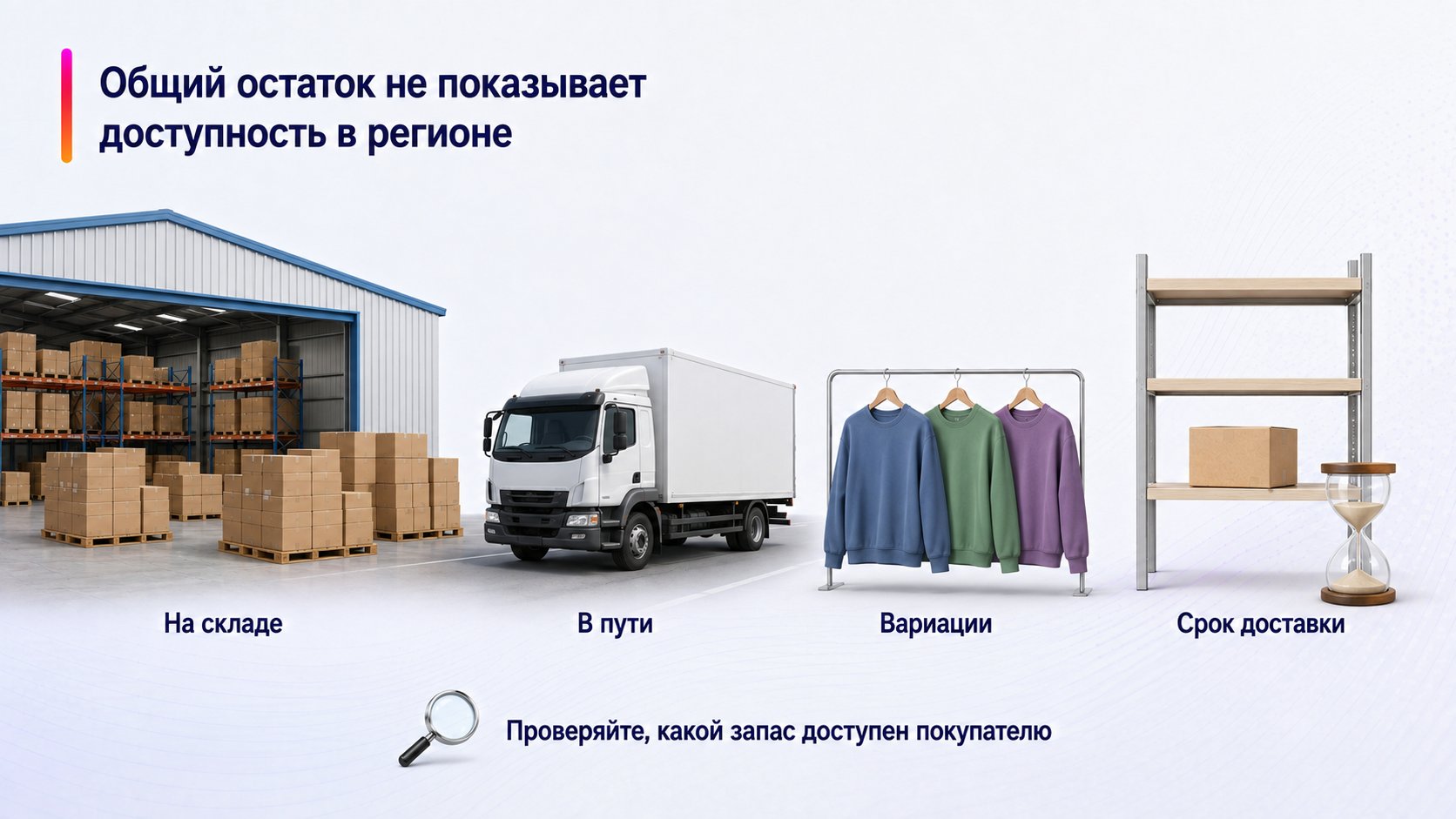Почему общий остаток есть, а в отдельных регионах продажи теряются — Общий остаток не показывает доступность в регионе; На складе — В пути — Вариации — Срок доставки