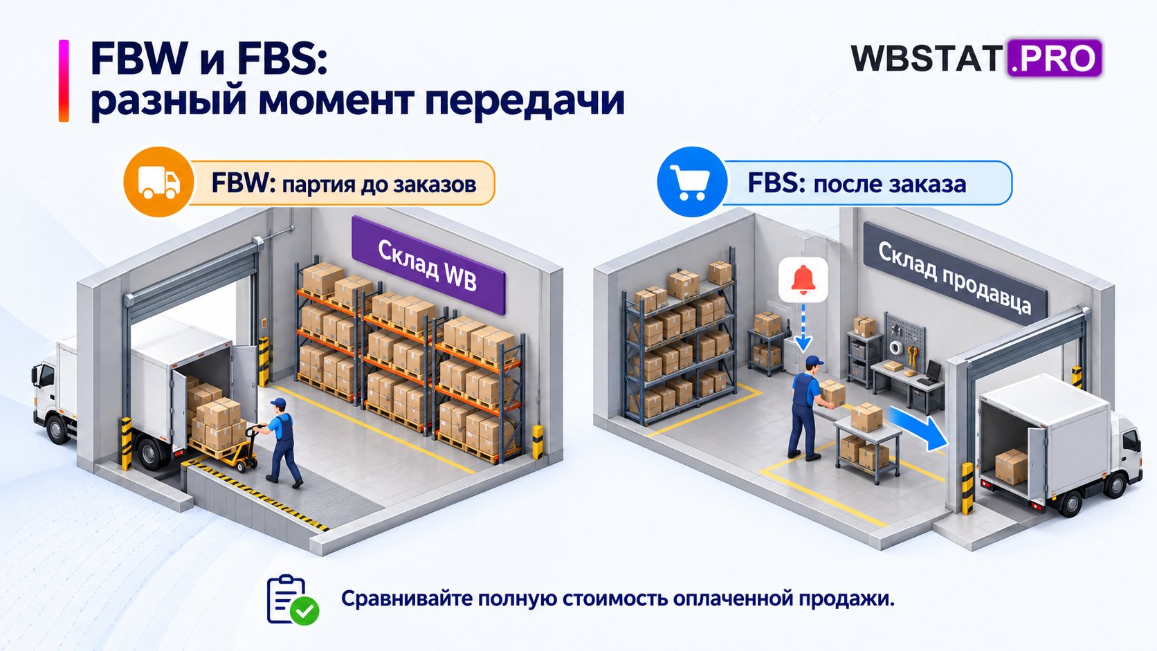 В FBW партию заранее передают на склад WB, в FBS собирают заказ на складе продавца.