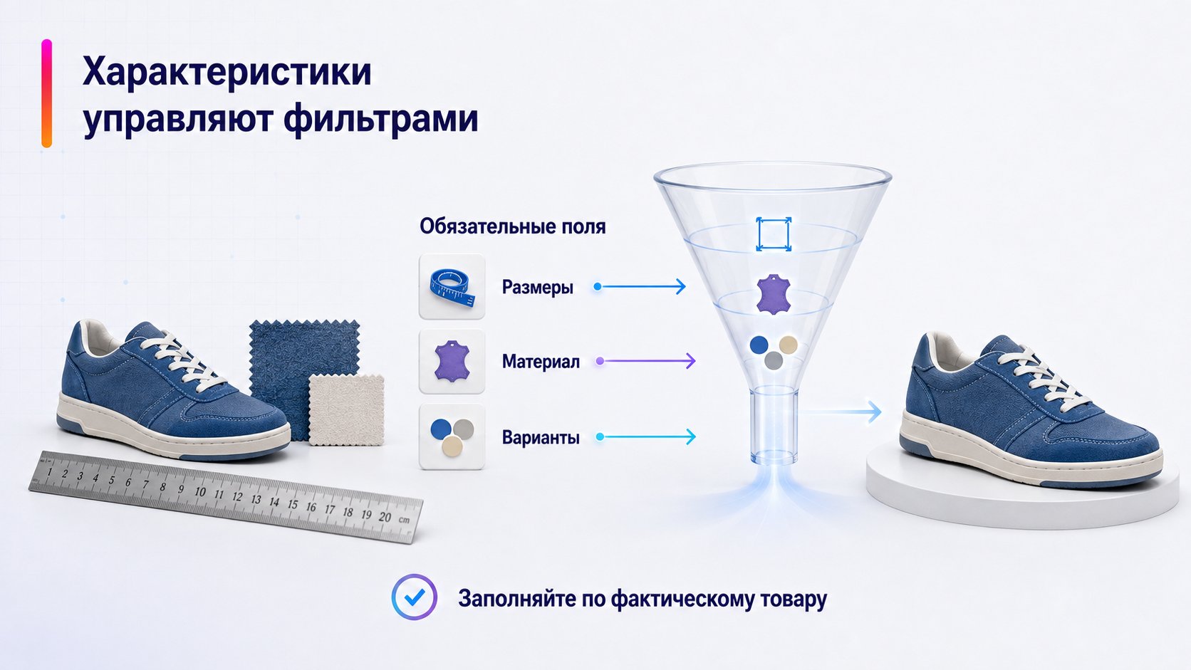 Какие характеристики карточки нужно заполнять — Характеристики управляют фильтрами; Обязательные поля — Размеры — Материал — Варианты