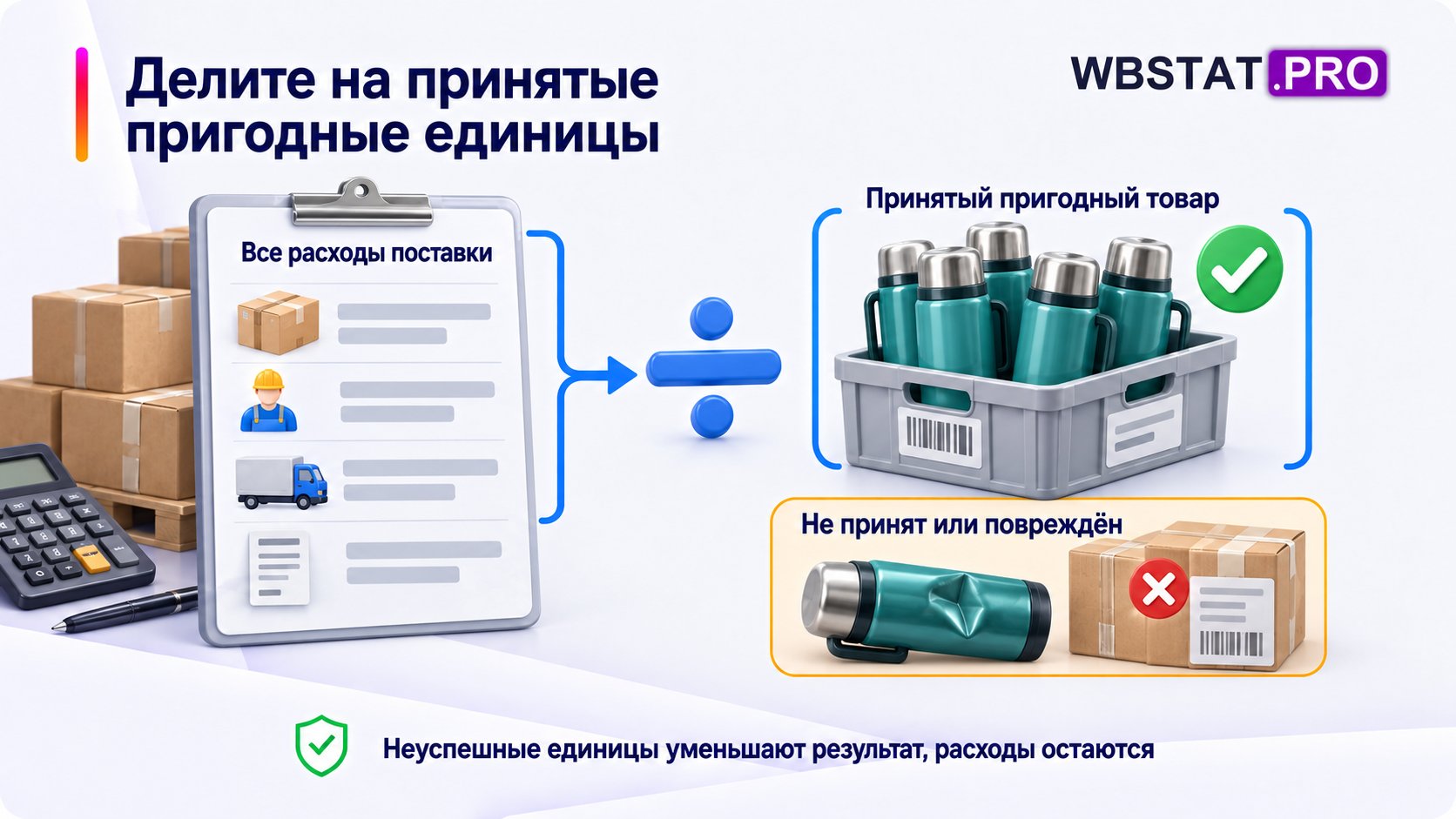 Полную сумму делят на фактически принятый пригодный товар.; Возврат и повреждение уменьшают знаменатель, не убирая связанные расходы.