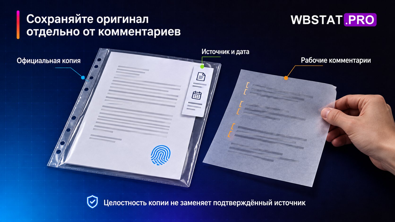 Неизменённая копия и отдельный лист комментариев образуют архив редакции.