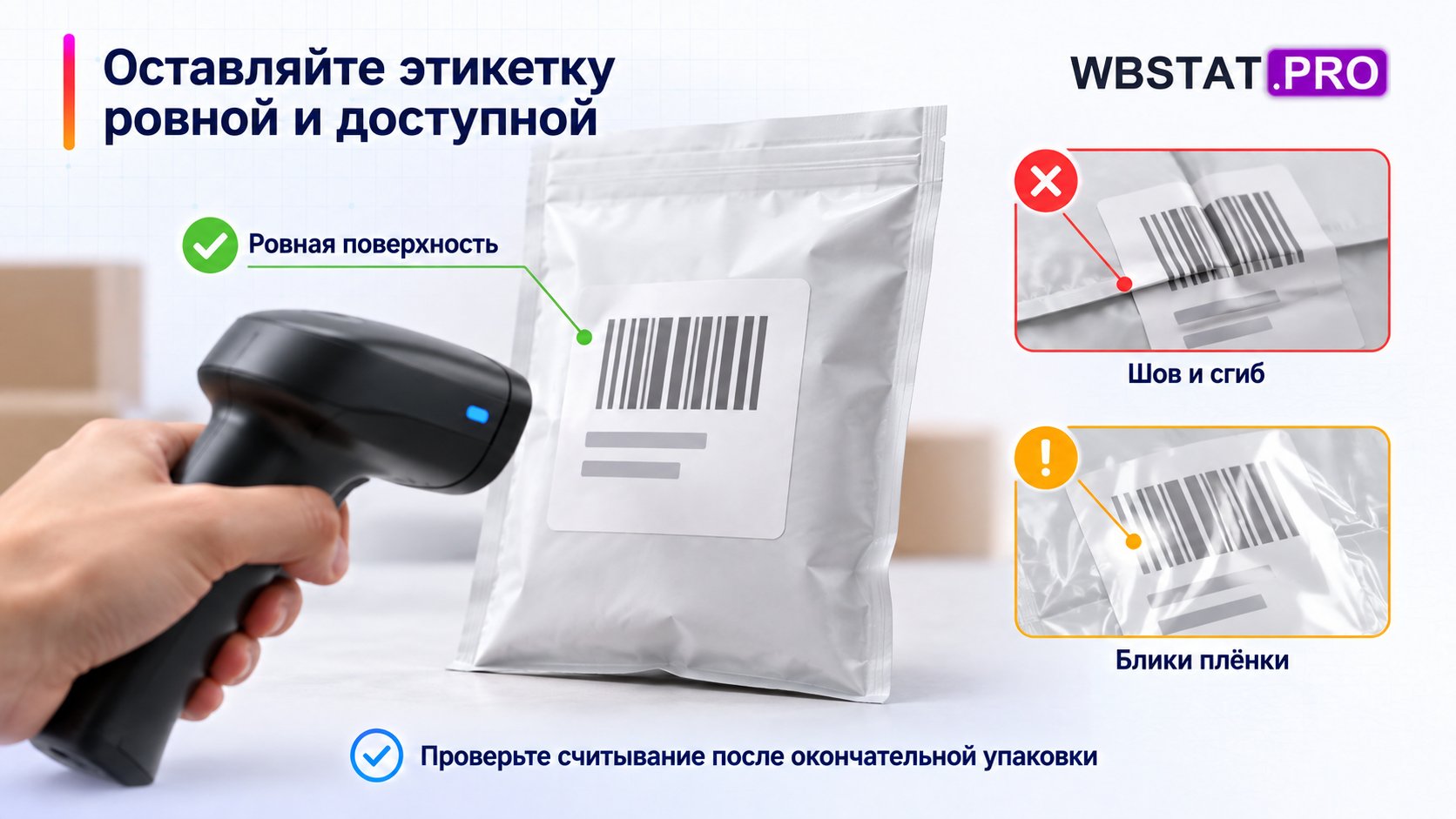 Детальный вид сравнивает доступную этикетку со сгибом и бликующим слоем.