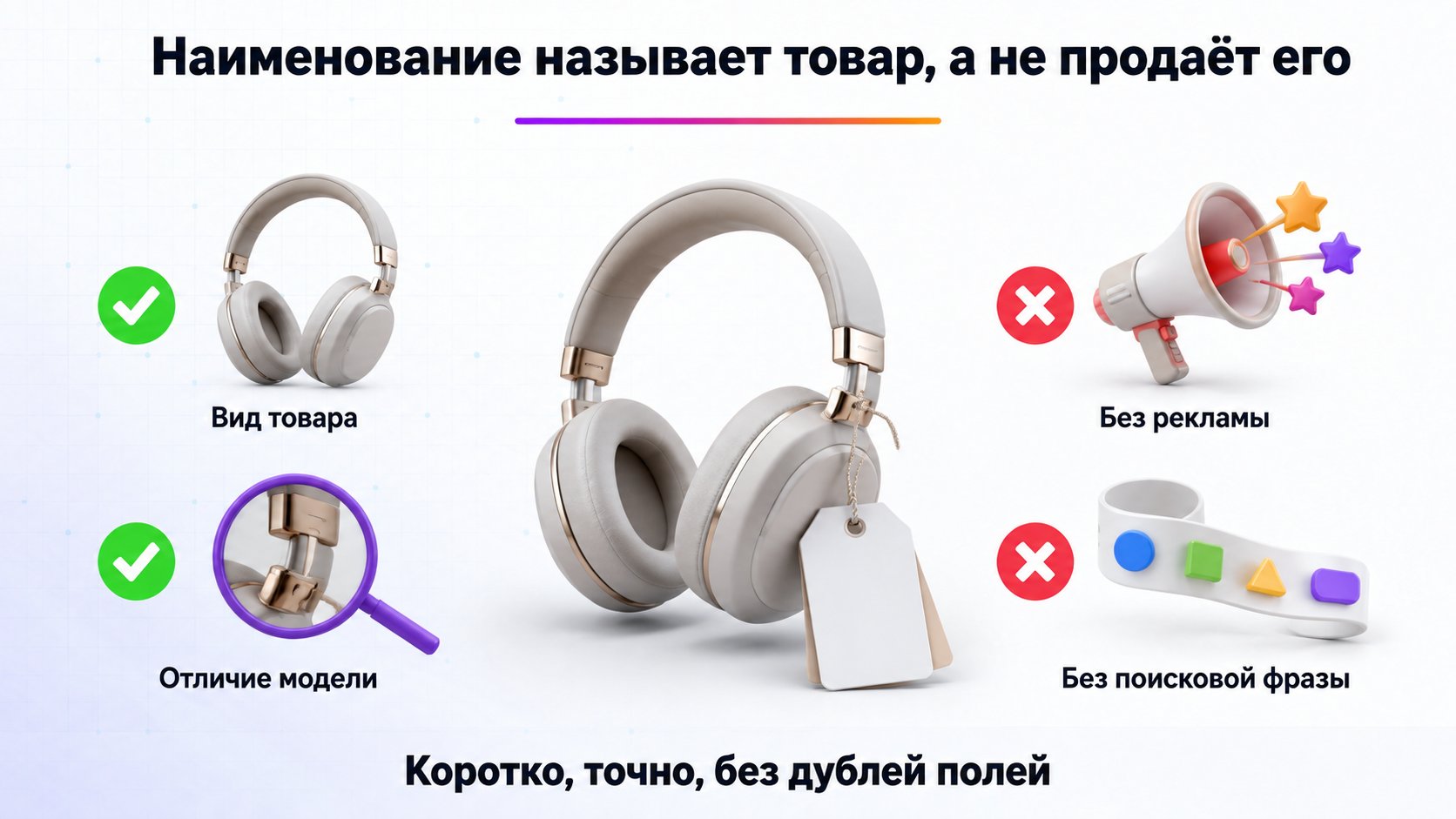 Как написать наименование товара для Wildberries — Используйте общепринятый вид товара и одно реальное отличие модели, без рекламы и поисковой строки.