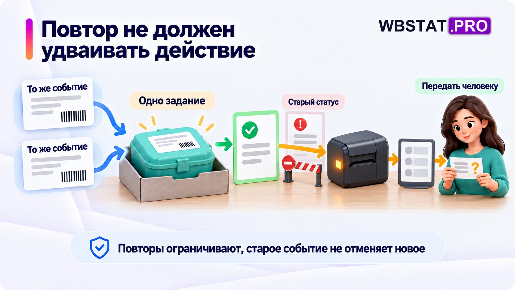 Повтор операции сохраняет один результат и допустимый порядок статусов.; Неудачная обработка остаётся в очереди, а после предела повторов переходит человеку.