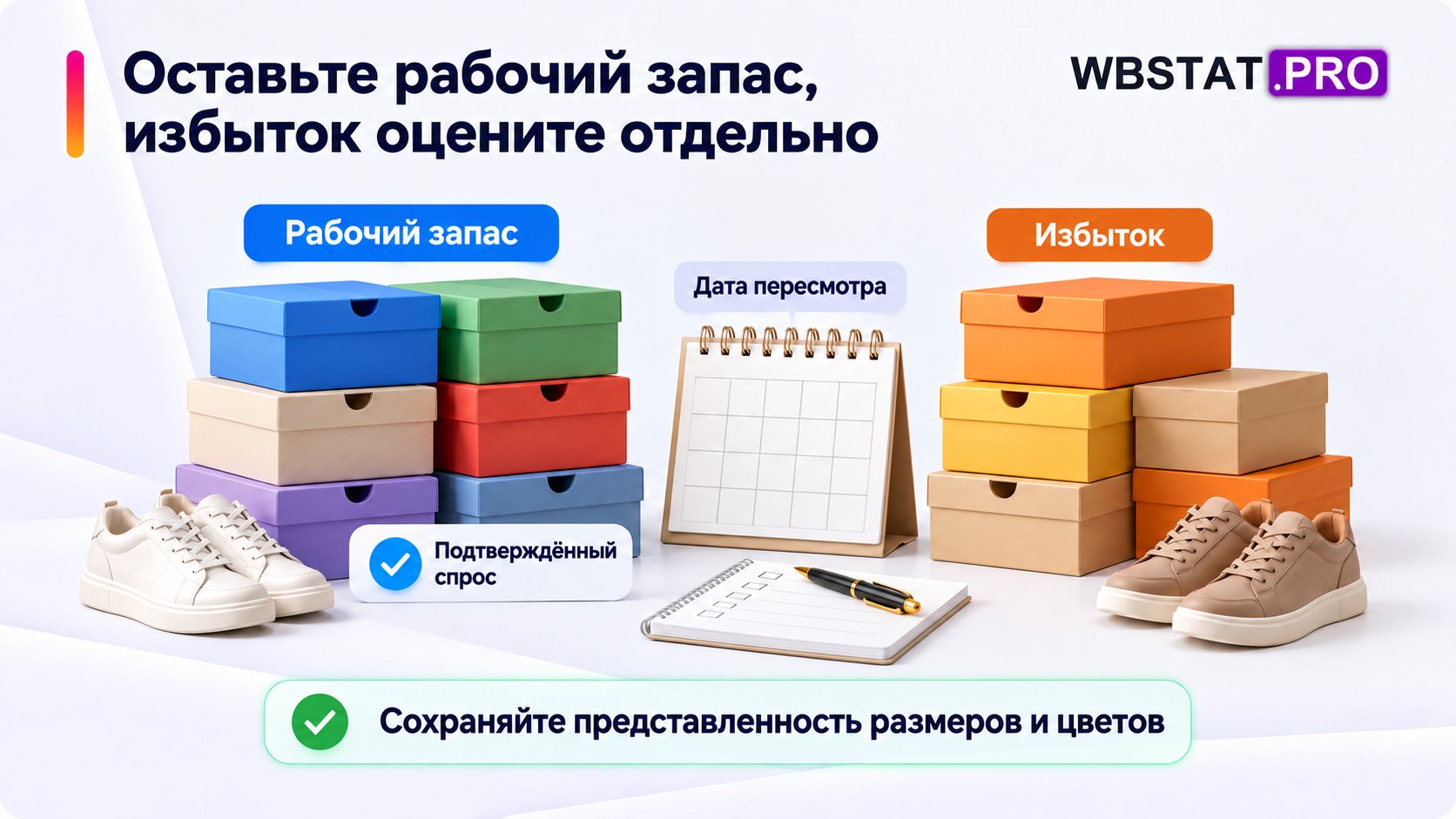 Рабочий запас оставляют под подтверждённый спрос, избыток оценивают отдельно и назначают пересмотр.