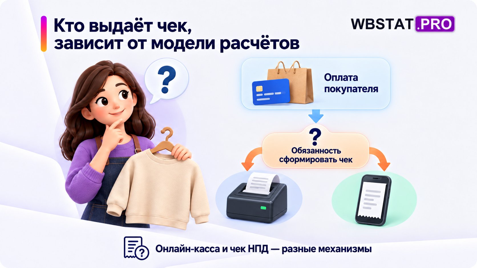 Обязанность по чеку зависит от статуса и схемы расчётов; кассу и НПД не смешивают.