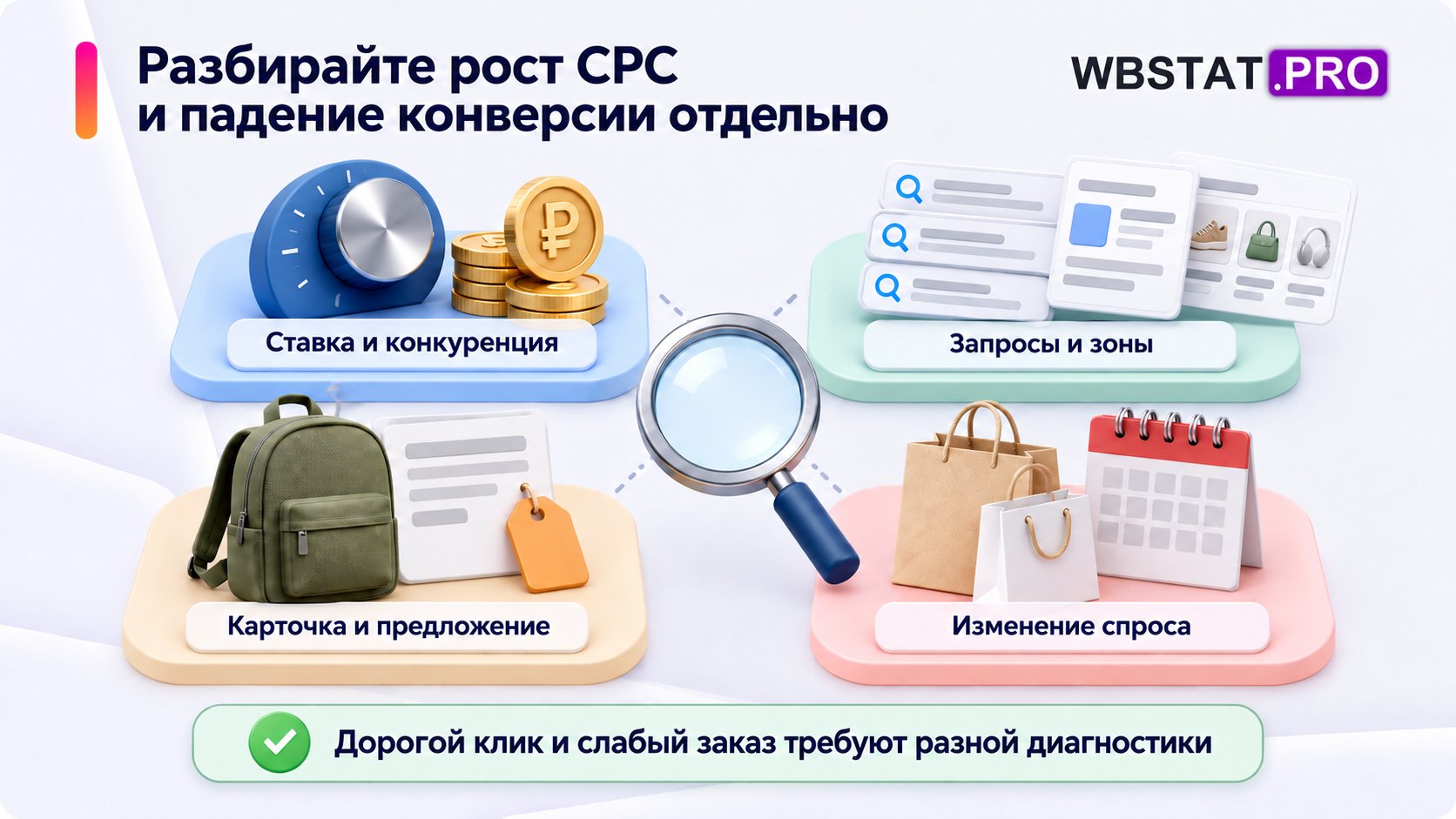 Стоимость клика и конверсия проверяются по ставке, запросам, предложению и спросу.