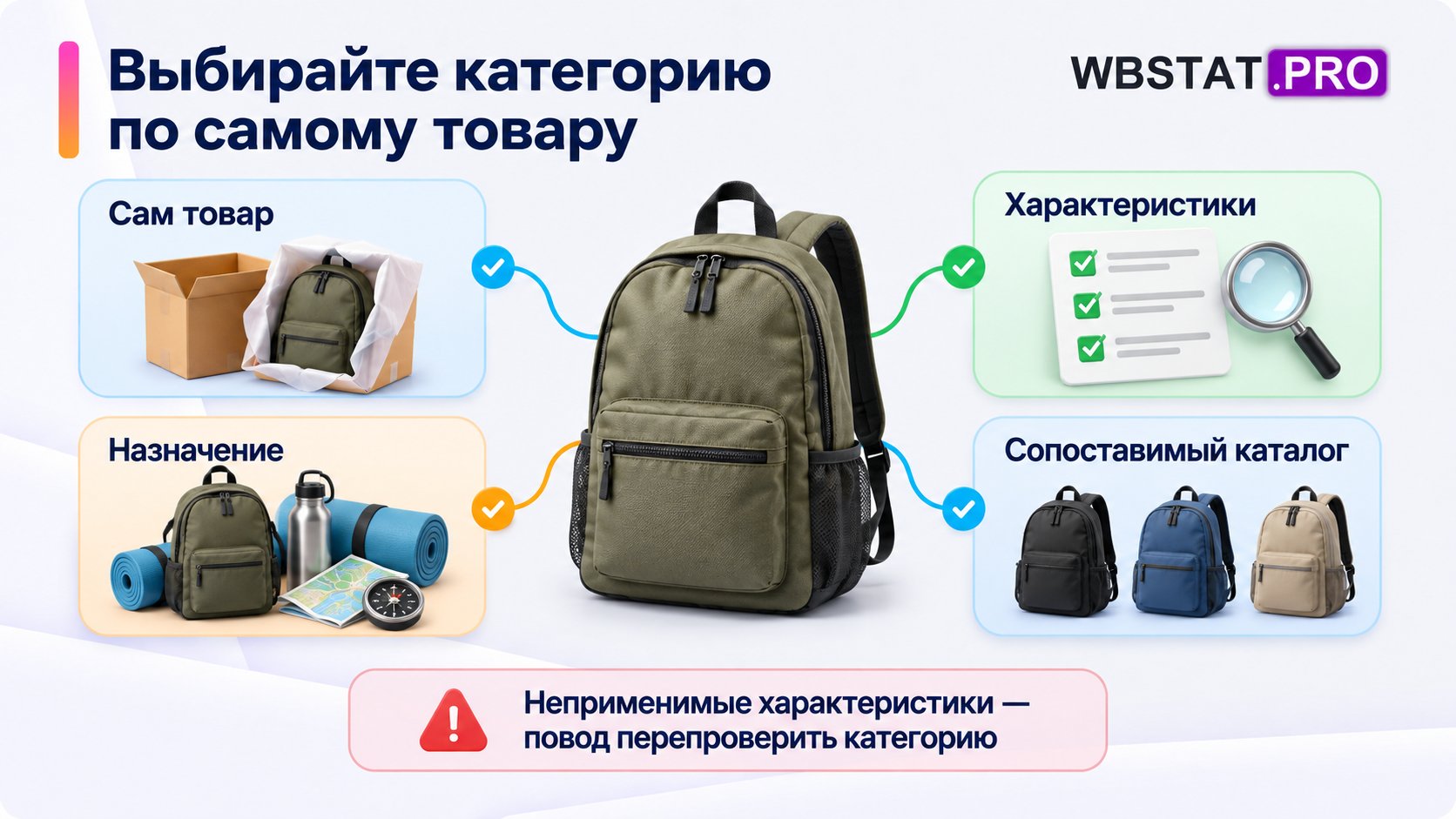 Проверка категории по самому товару, назначению, характеристикам и сопоставимому каталогу.