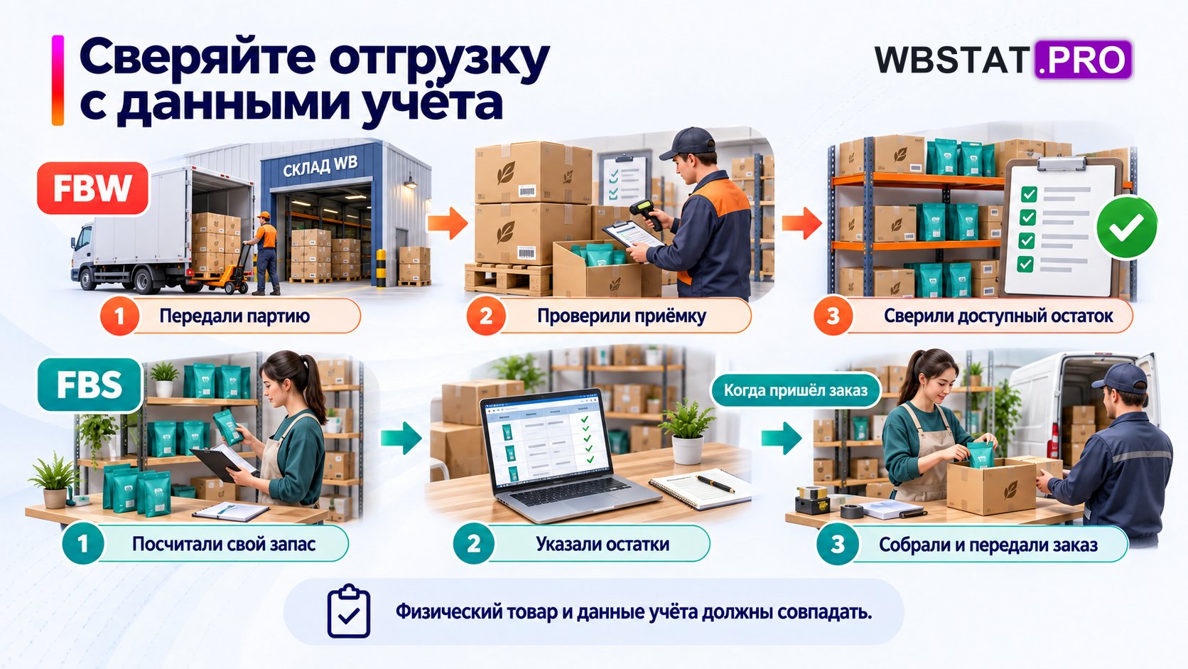 Проверки FBW и FBS: приёмка партии, доступные остатки и передача заказа.