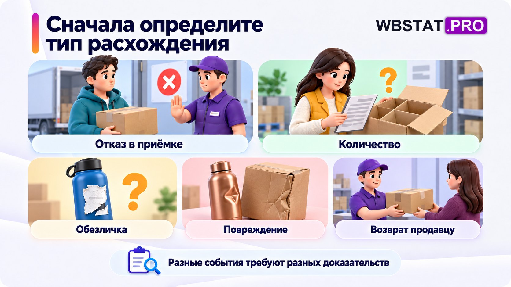 Разделить событие перед выбором доказательств.; Отказ до передачи, недостача количества, неопознанный товар, повреждение и возврат имеют разные наблюдаемые признаки.