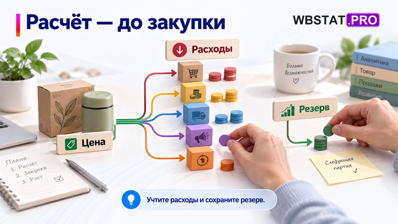 Схема показывает, как расходы уменьшают результат продажи и почему нужен резерв бюджета.