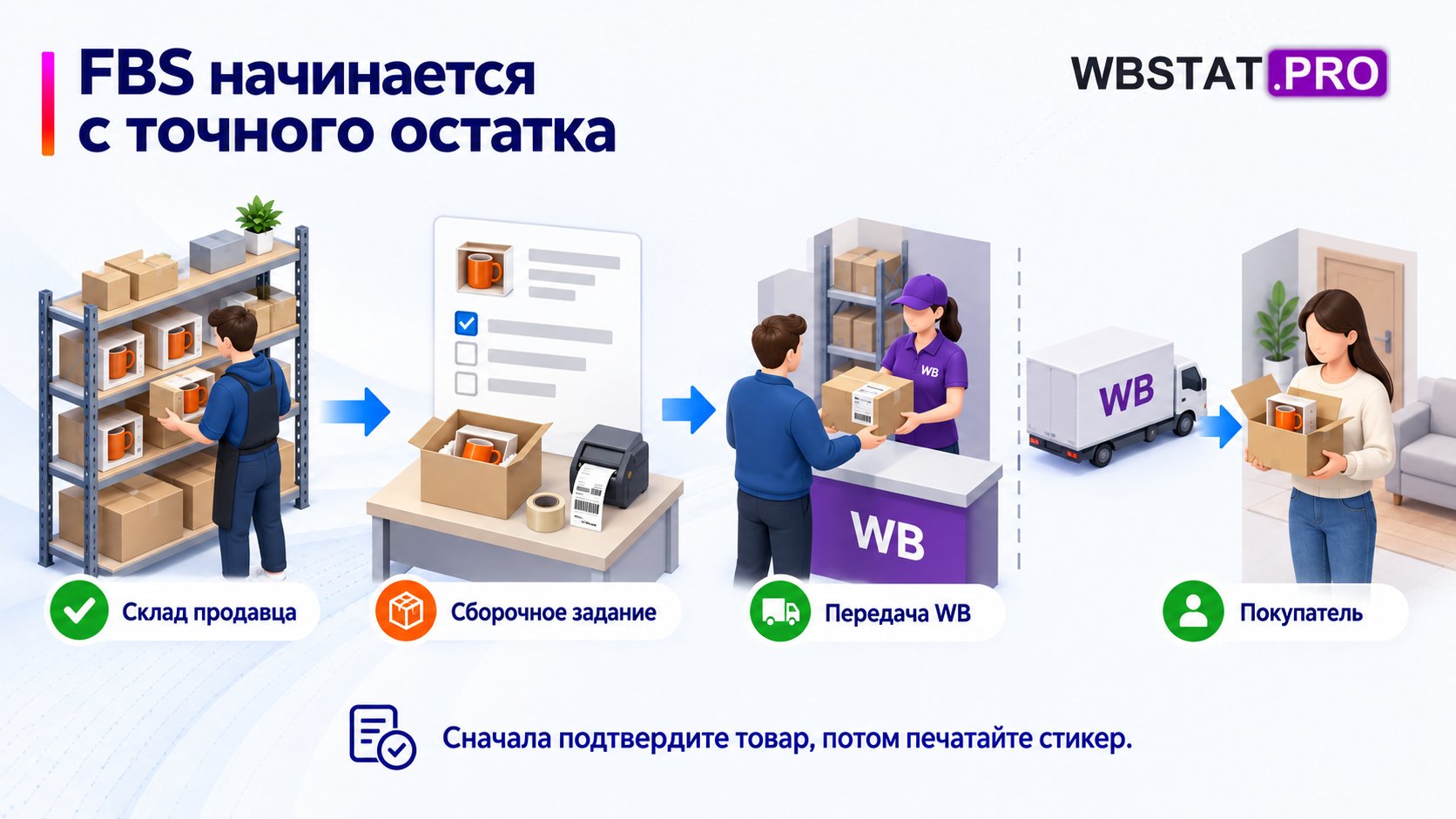 Путь заказа от подтверждённого остатка продавца через передачу Wildberries к покупателю.