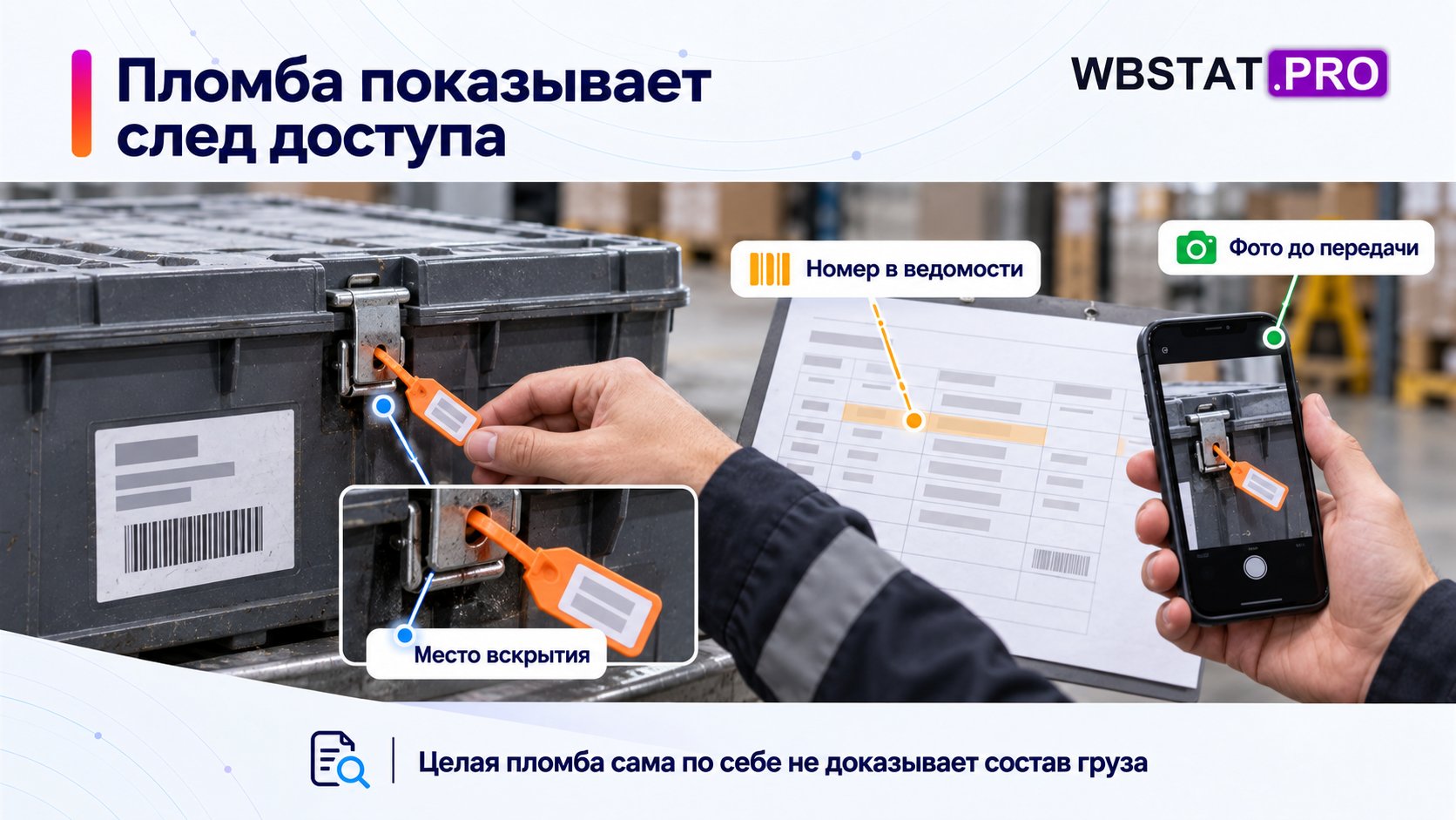 Пломба фиксирует возможный доступ, но не удостоверяет вложение.; Номер связывают с местом и записью, фотографируют положение пломбы до передачи.