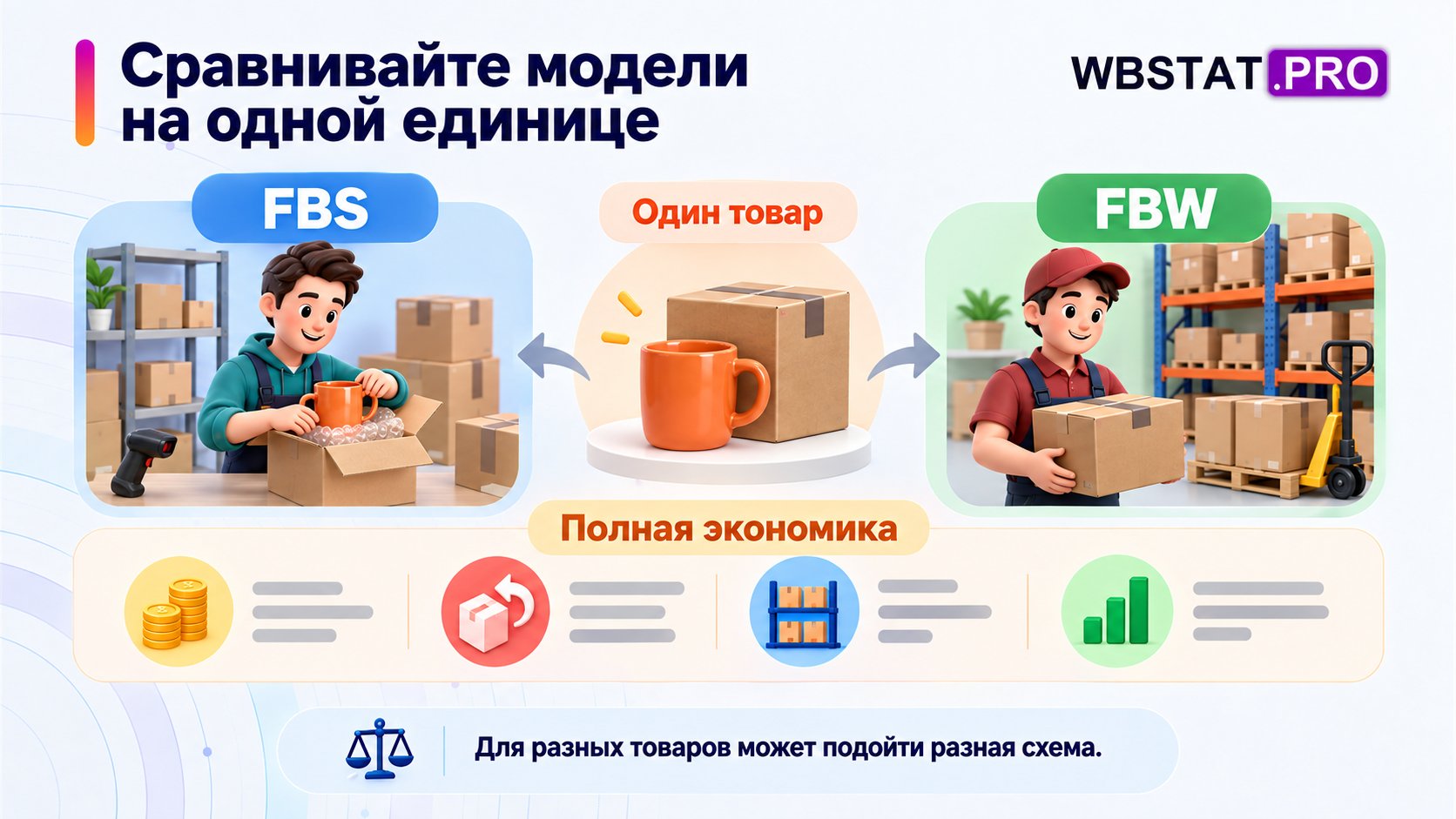 Модели FBS и FBW сравниваются по одному товару и полной экономике.
