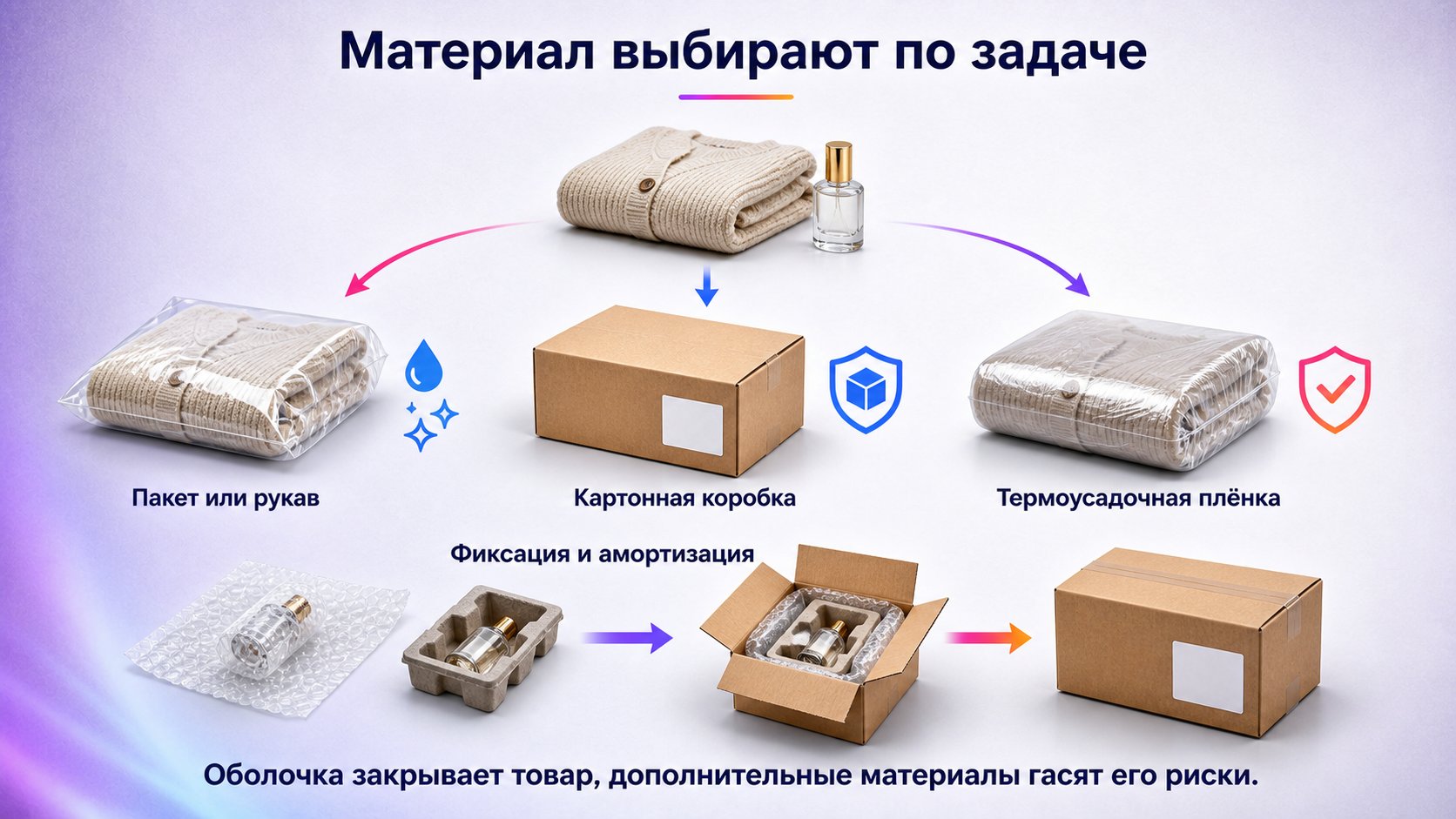 Какие материалы используют для индивидуальной упаковки — Пакет, коробка и термоусадка создают оболочку; пузырчатая плёнка и вкладыши дополняют её амортизацией и фиксацией.