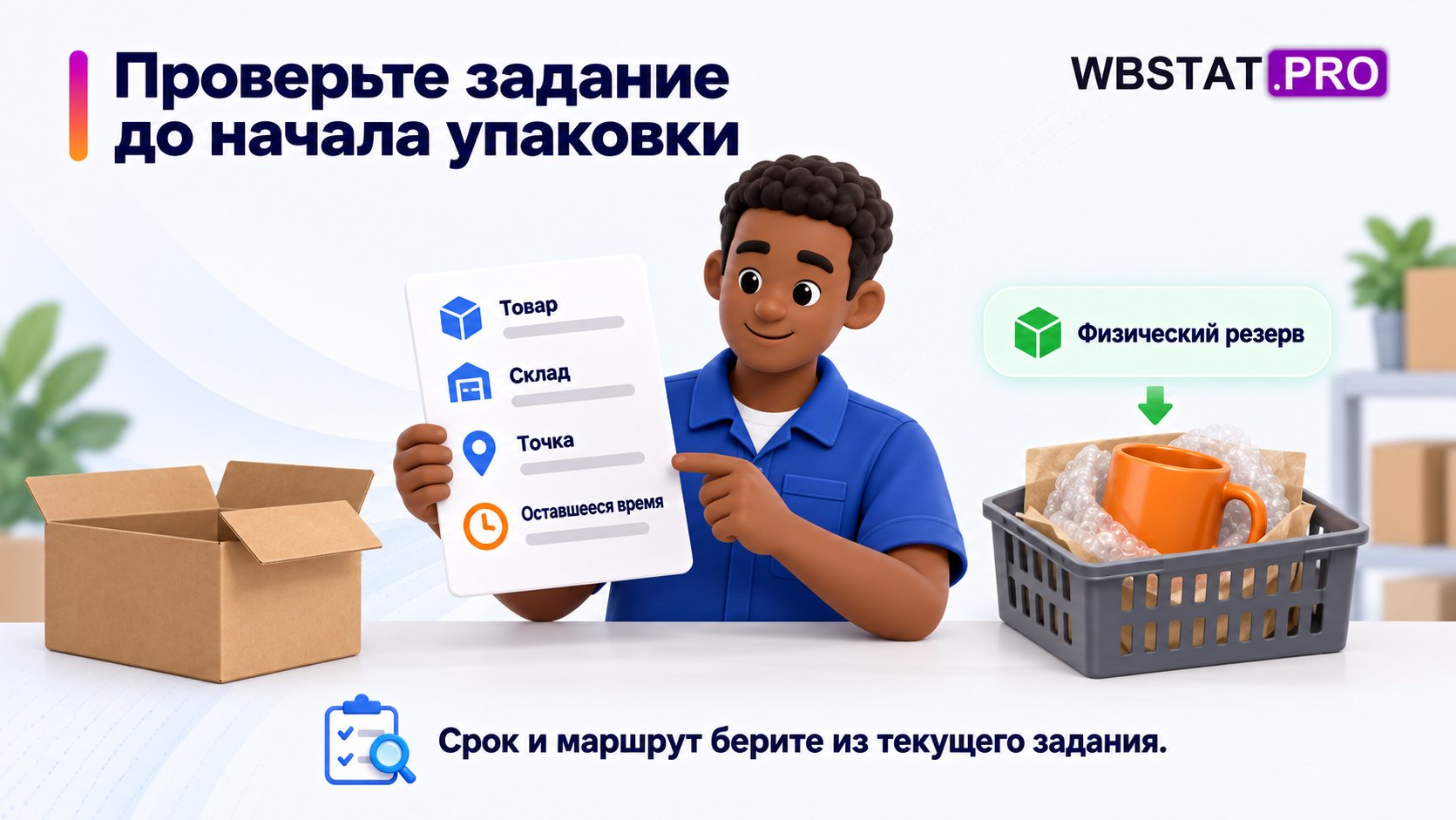Сборщик проверяет товар, склад, точку и срок, затем резервирует единицу.