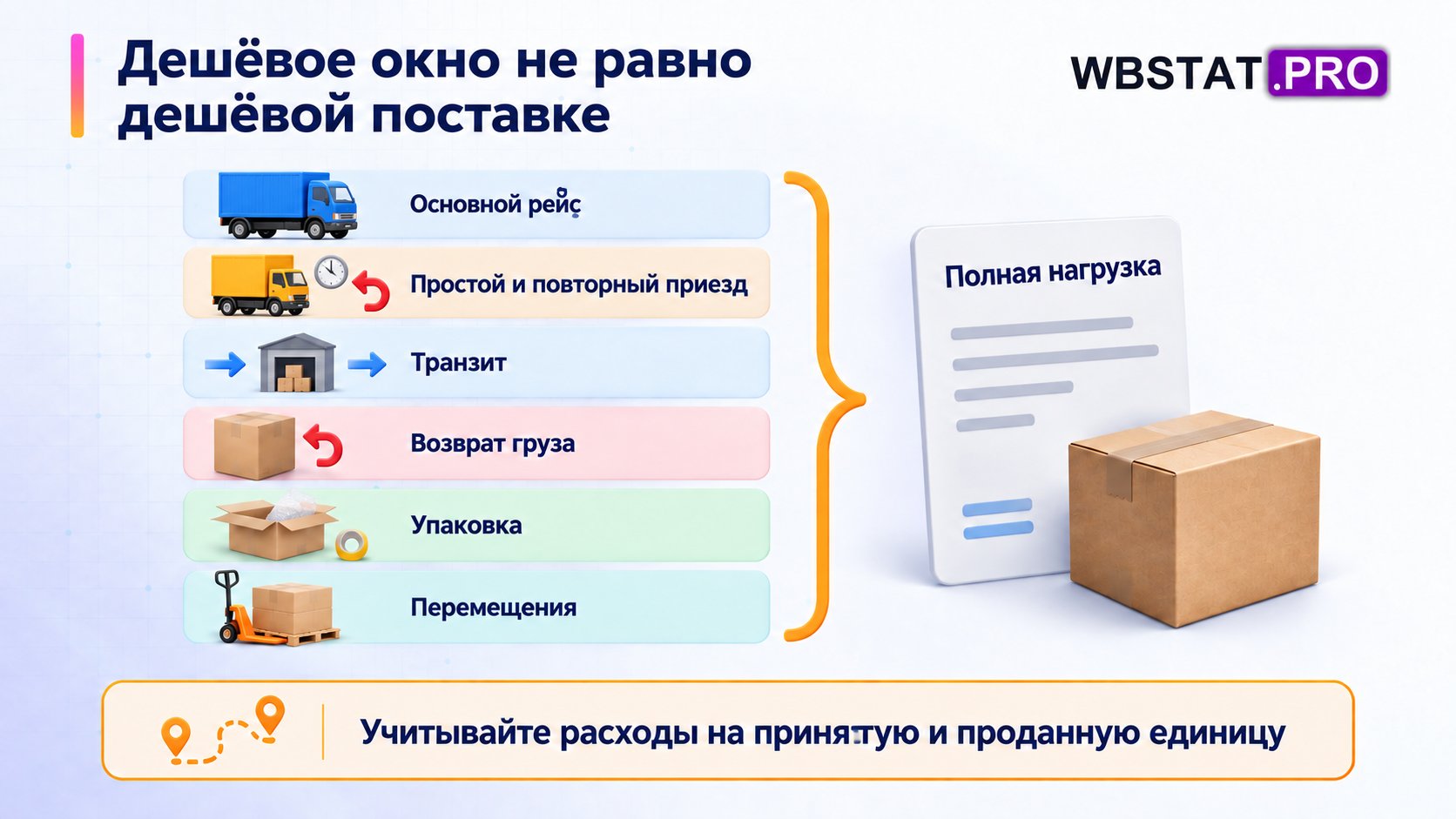 В полную нагрузку включают основной рейс, простой и повторный приезд, транзит, возврат груза, упаковку и перемещения.