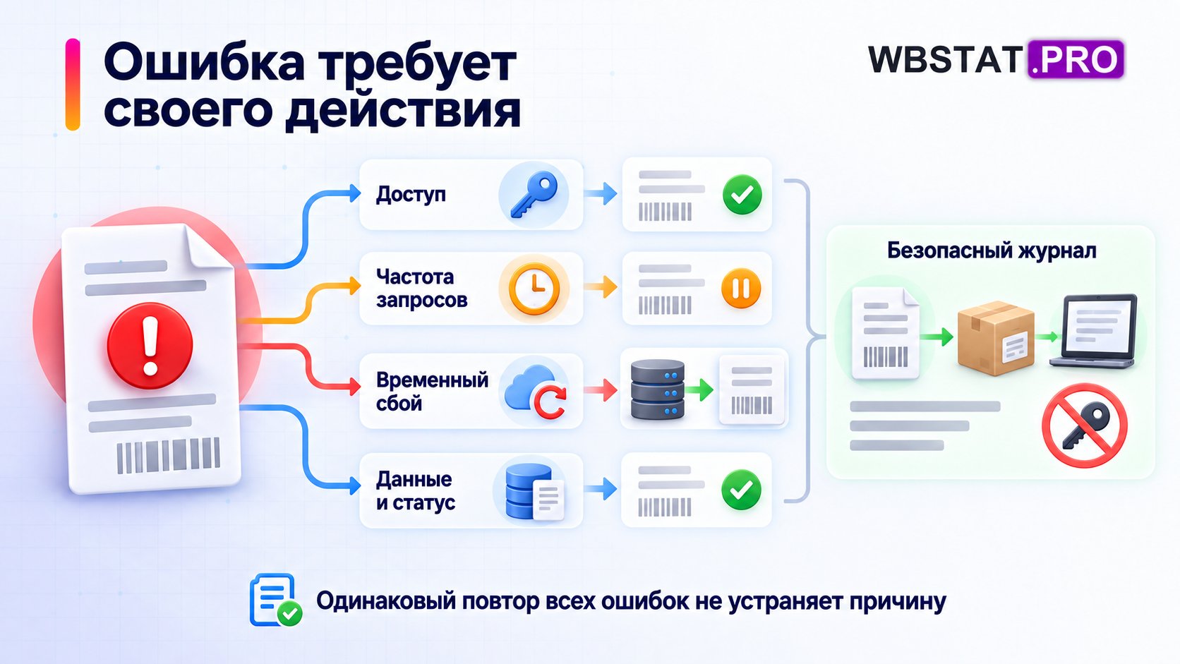 Технические и бизнес-ошибки требуют разных действий.; Журнал связывает попытку с объектом и операцией, исключая секреты и персональные данные.