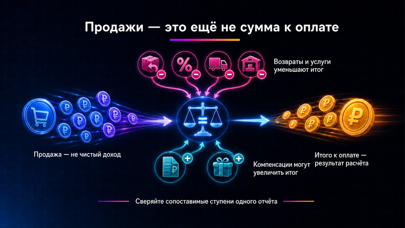 Почему сумма продаж не равна сумме к оплате — Из продаж вычитаются возвраты, услуги и удержания, а компенсации могут увеличить итог, поэтому сумма к оплате формируется отдельным расчётом.