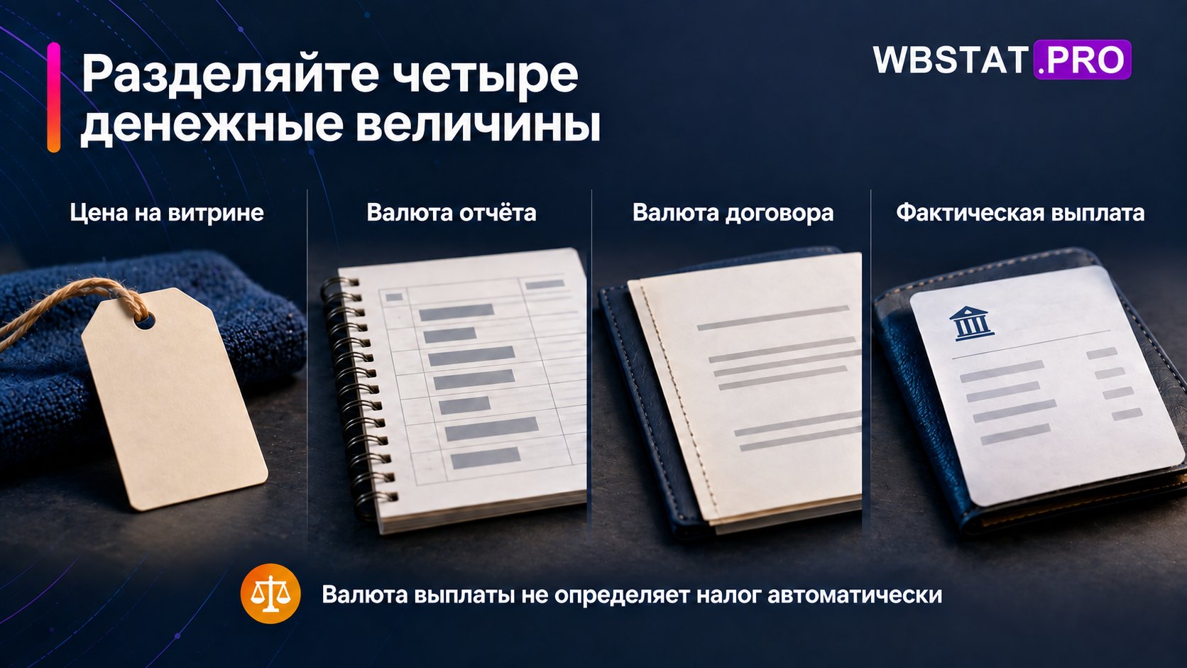 Четыре денежные величины показаны отдельно без выдуманных сумм и курсов.