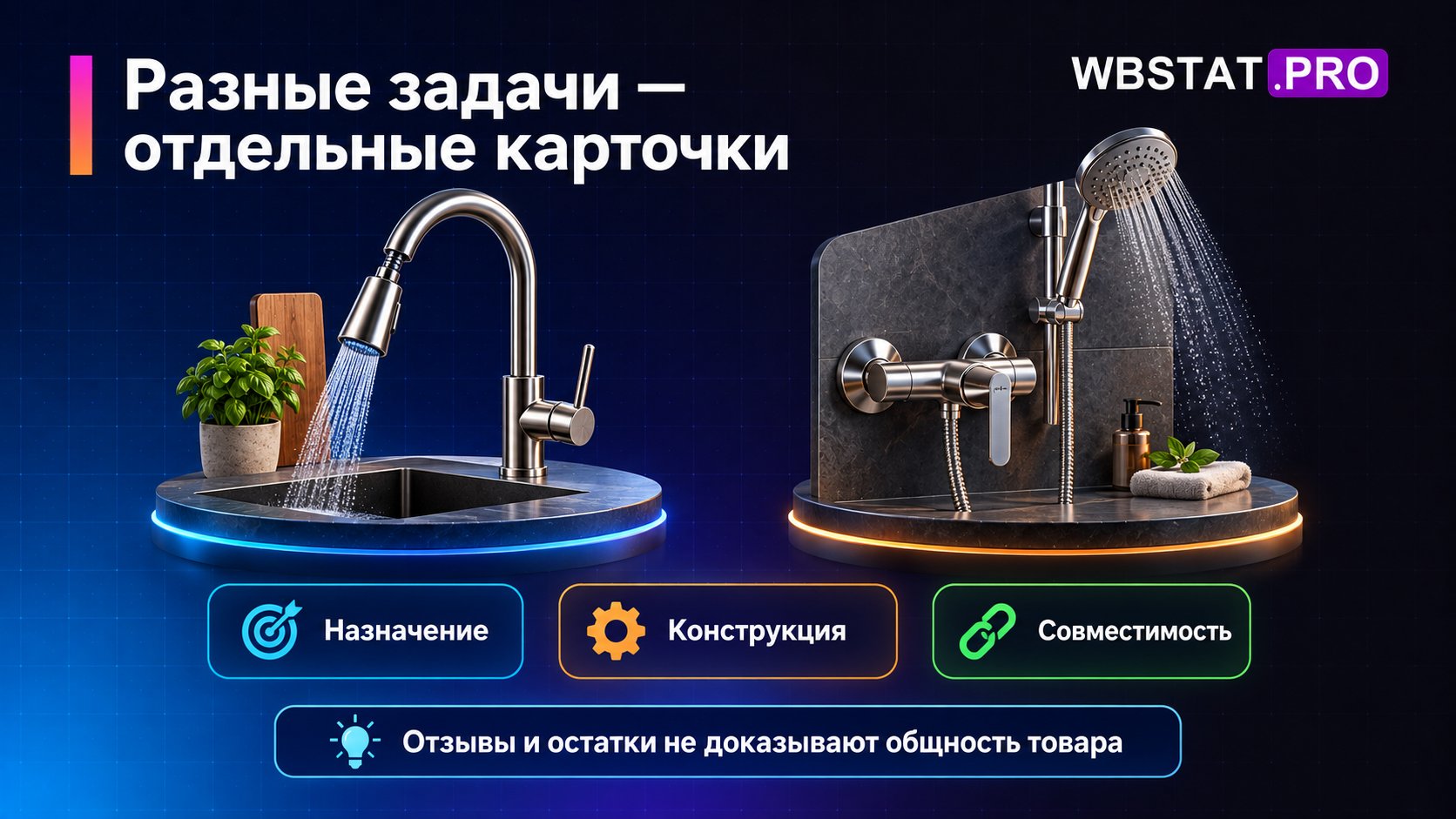 Кухонный смеситель и душевая система размещены отдельно из-за разных задач и конструкции.